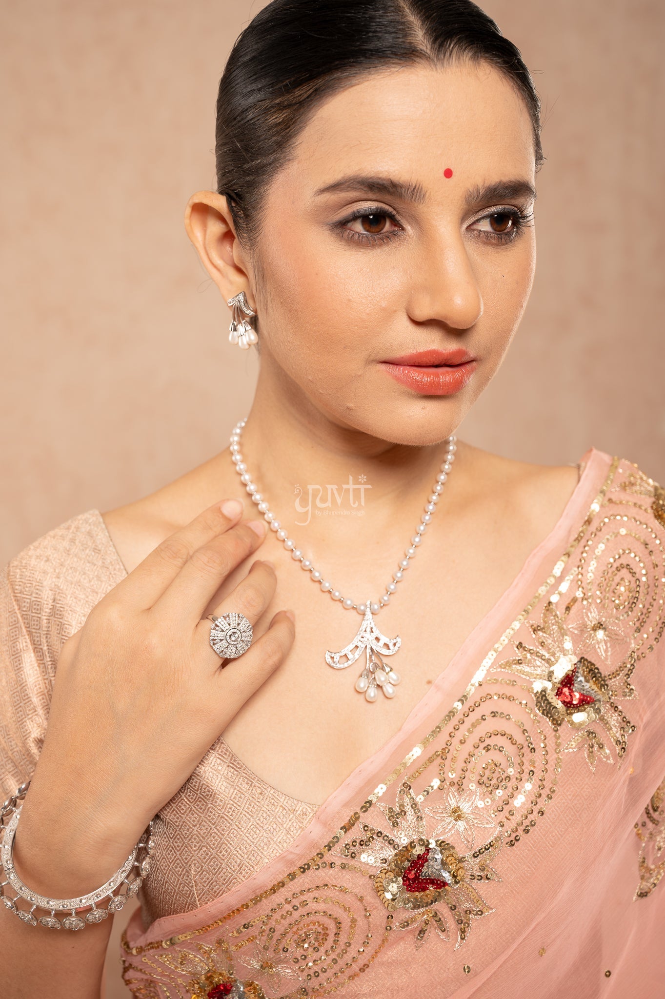 Peach Shaded Viscose Chiffon Aari Sequins Border & Flower Motifs (Butti) Handwork Saree with Blouse