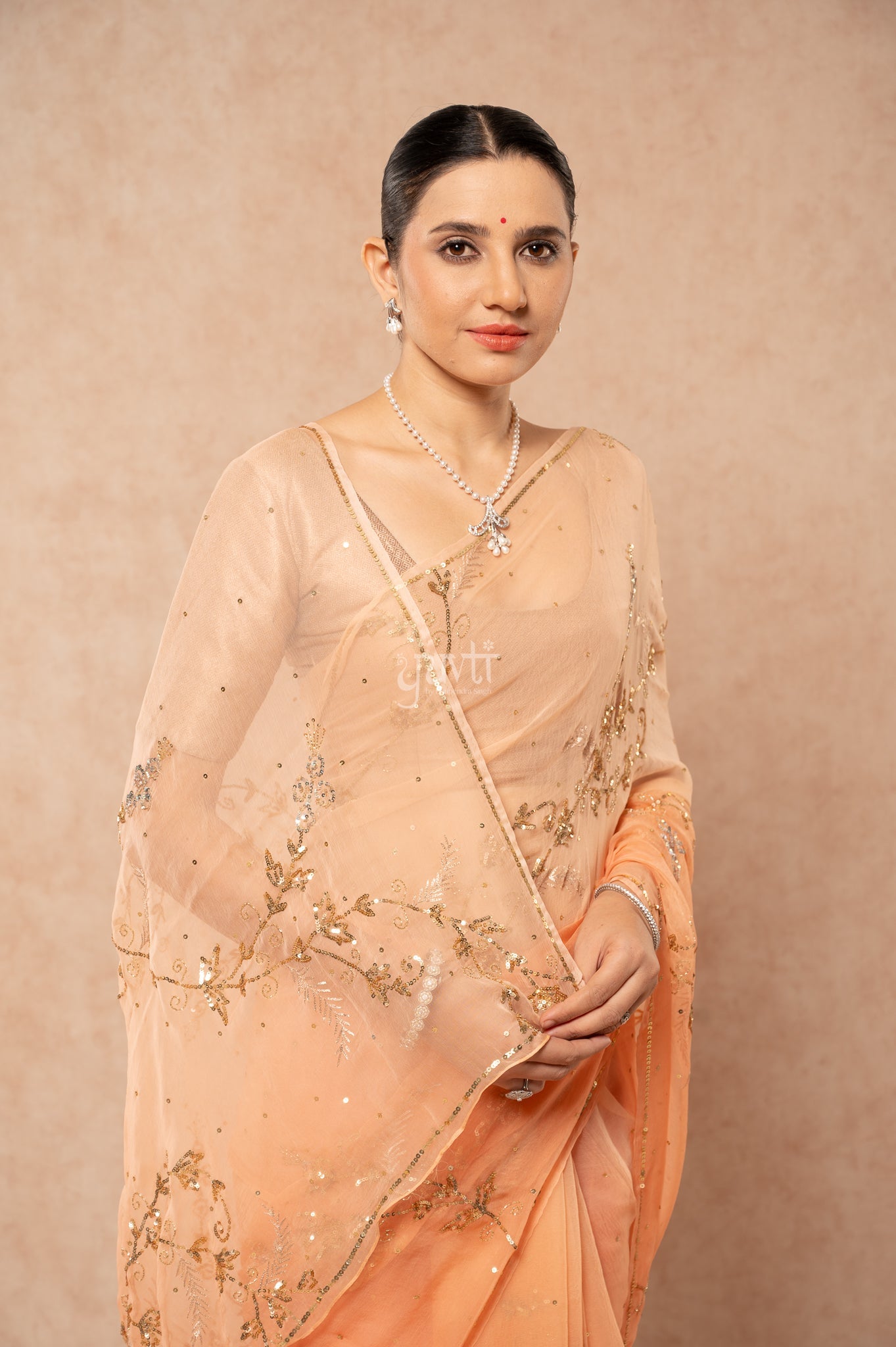 Peach Shaded Viscose Chiffon Aari Sequins Kardana Jaal Handwork Saree with Blouse