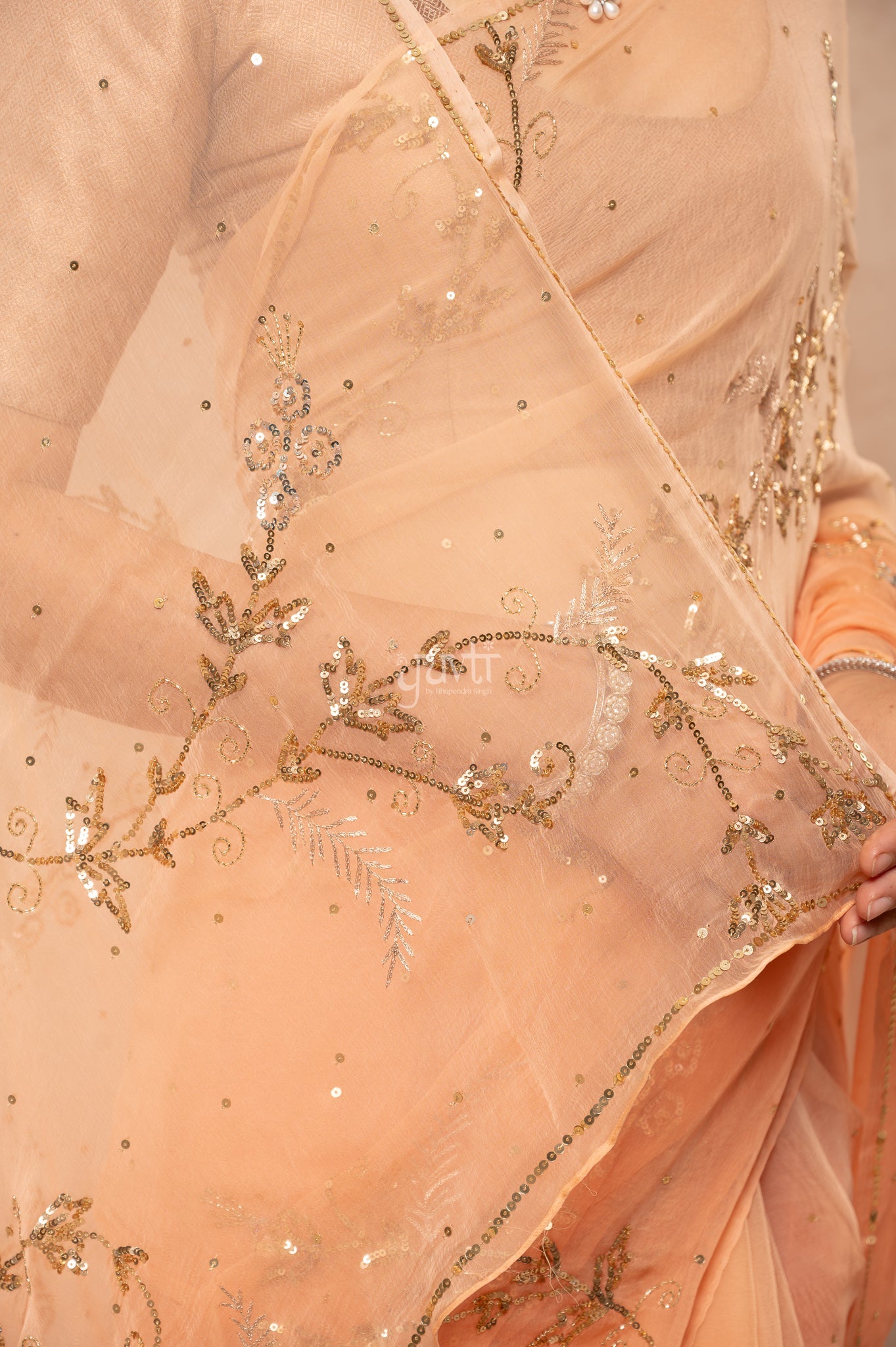 Peach Shaded Viscose Chiffon Aari Sequins Kardana Jaal Handwork Saree with Blouse