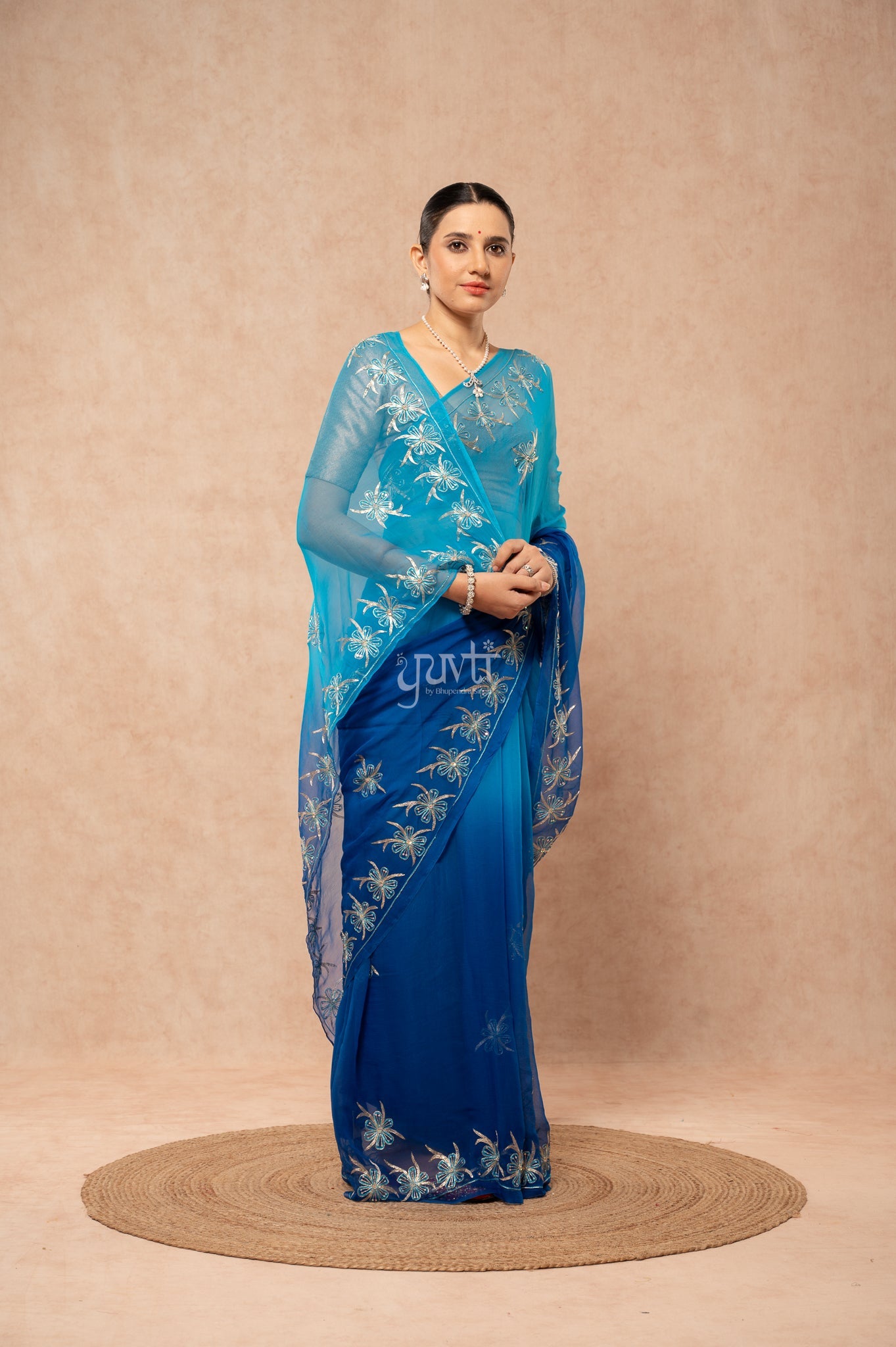 Blue Shaded Viscose Chiffon Aari Resham Sequins Border & Motif (Butti) Handwork Saree