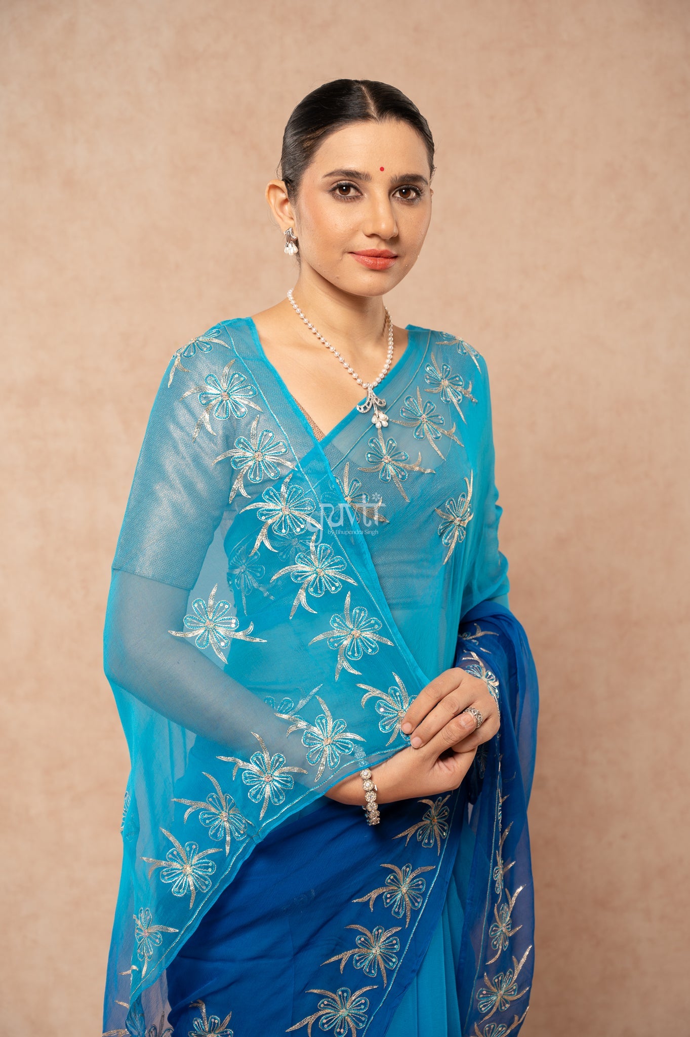 Blue Shaded Viscose Chiffon Aari Resham Sequins Border & Motif (Butti) Handwork Saree