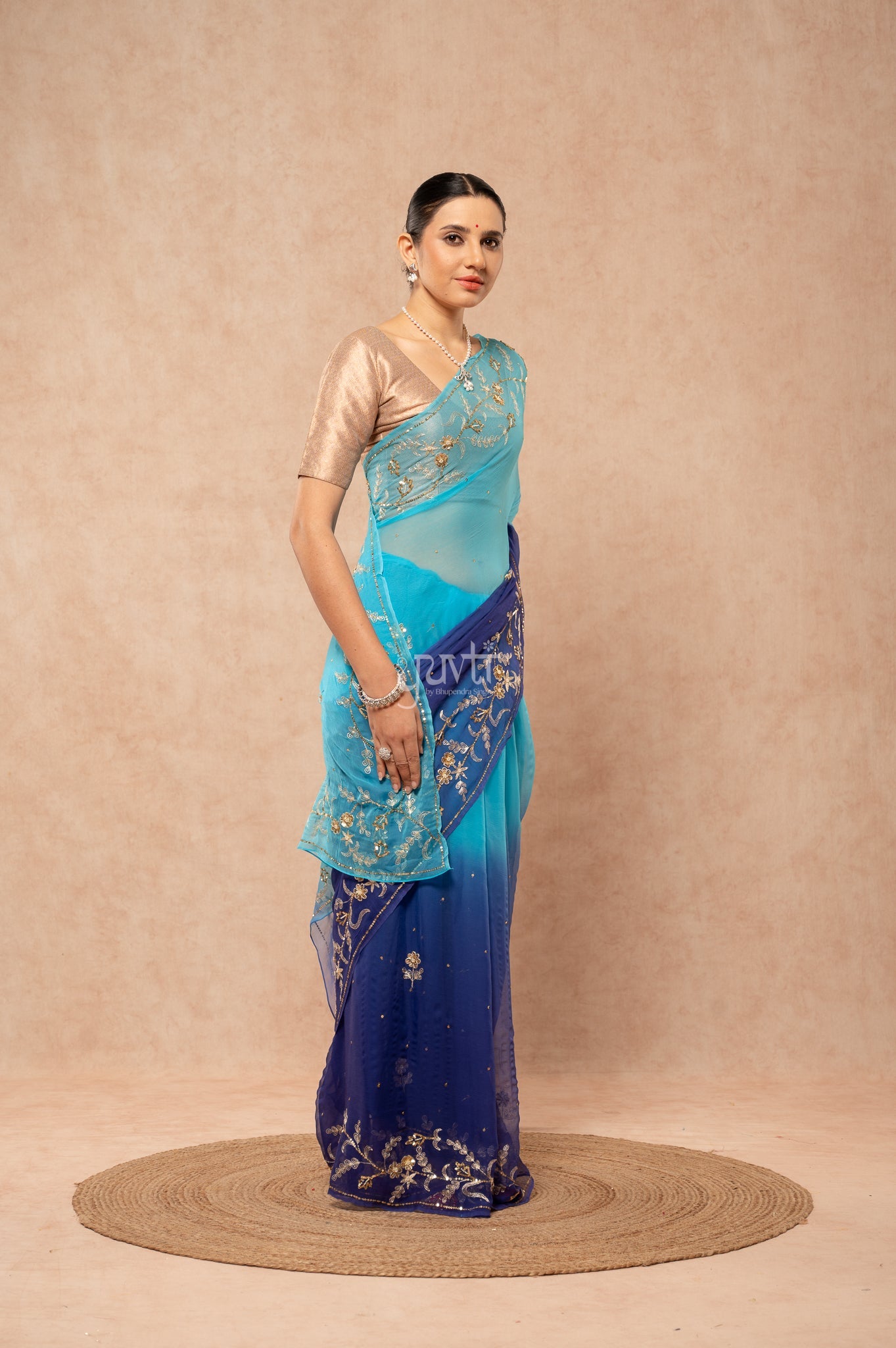 Aqua Blue Shaded Viscose Chiffon Aari Sequins Border & Flower Motifs (Butti) Handwork Saree with Blouse