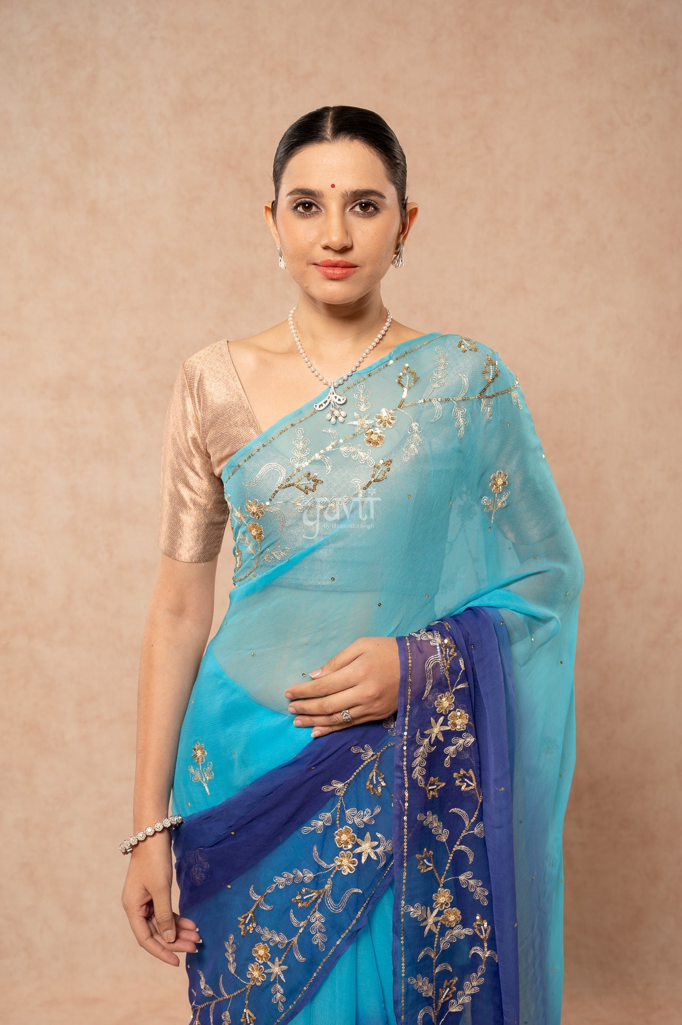 Aqua Blue Shaded Viscose Chiffon Aari Sequins Border & Flower Motifs (Butti) Handwork Saree with Blouse