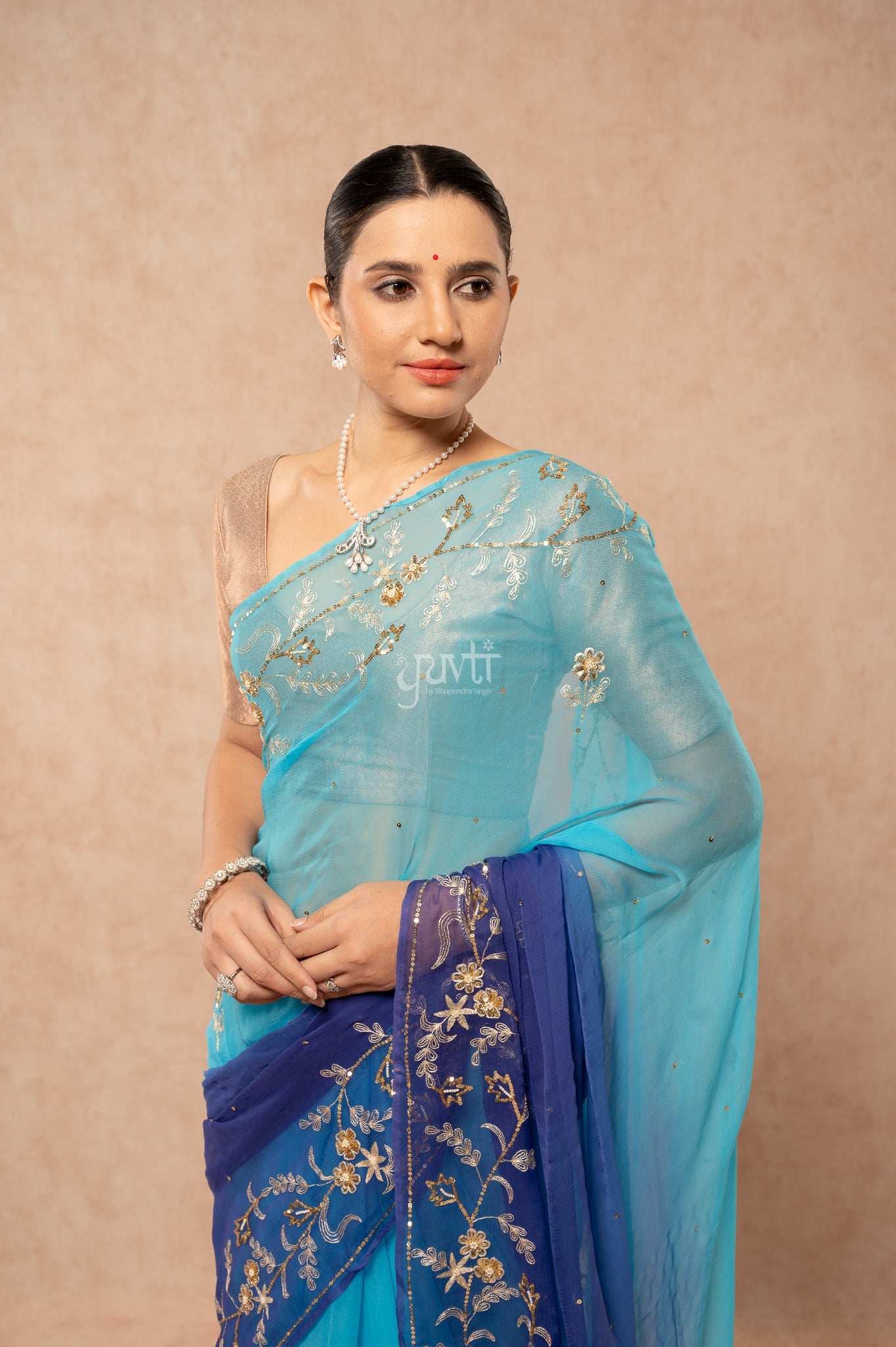Aqua Blue Shaded Viscose Chiffon Aari Sequins Border & Flower Motifs (Butti) Handwork Saree with Blouse