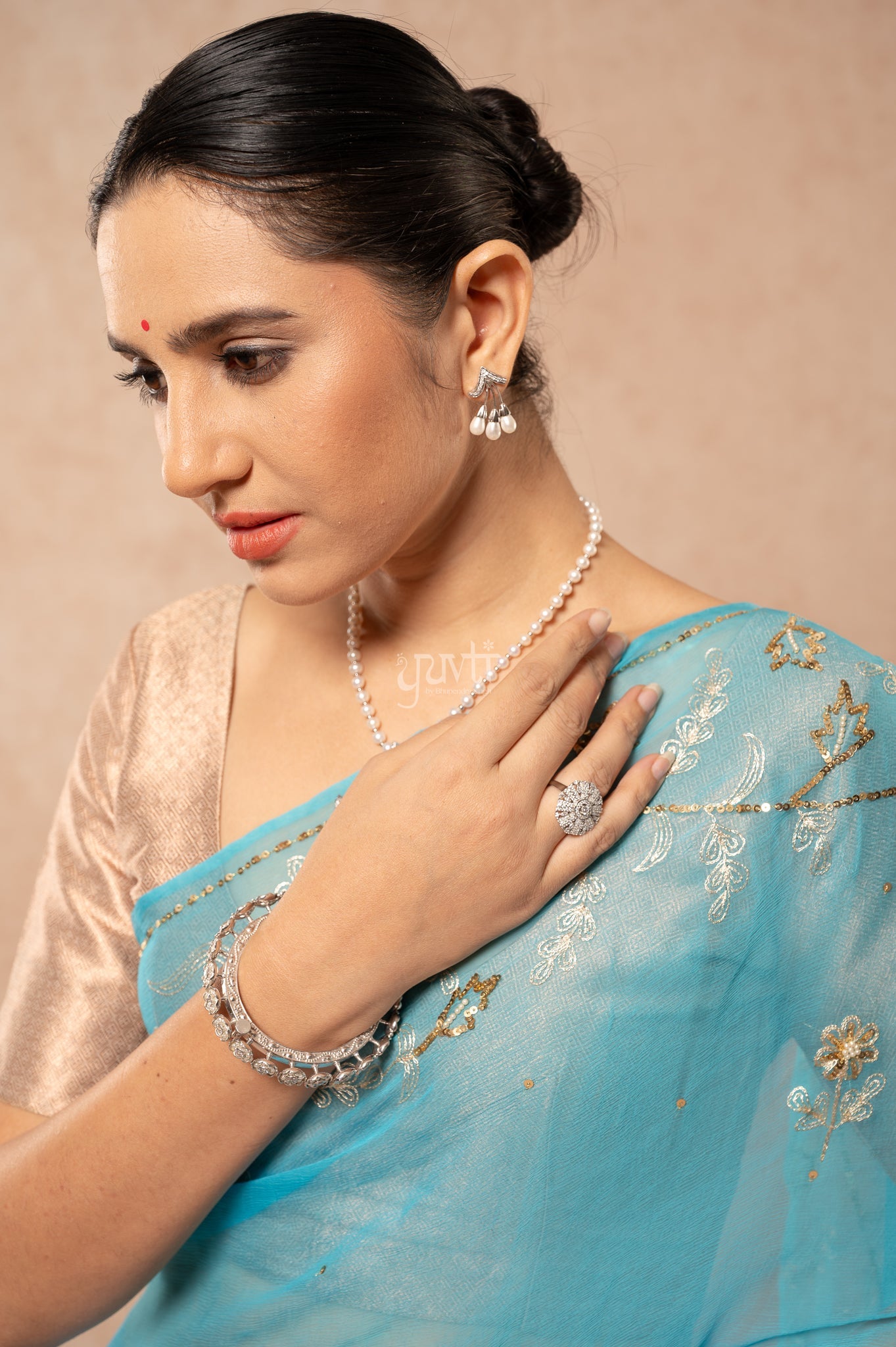 Aqua Blue Shaded Viscose Chiffon Aari Sequins Border & Flower Motifs (Butti) Handwork Saree with Blouse