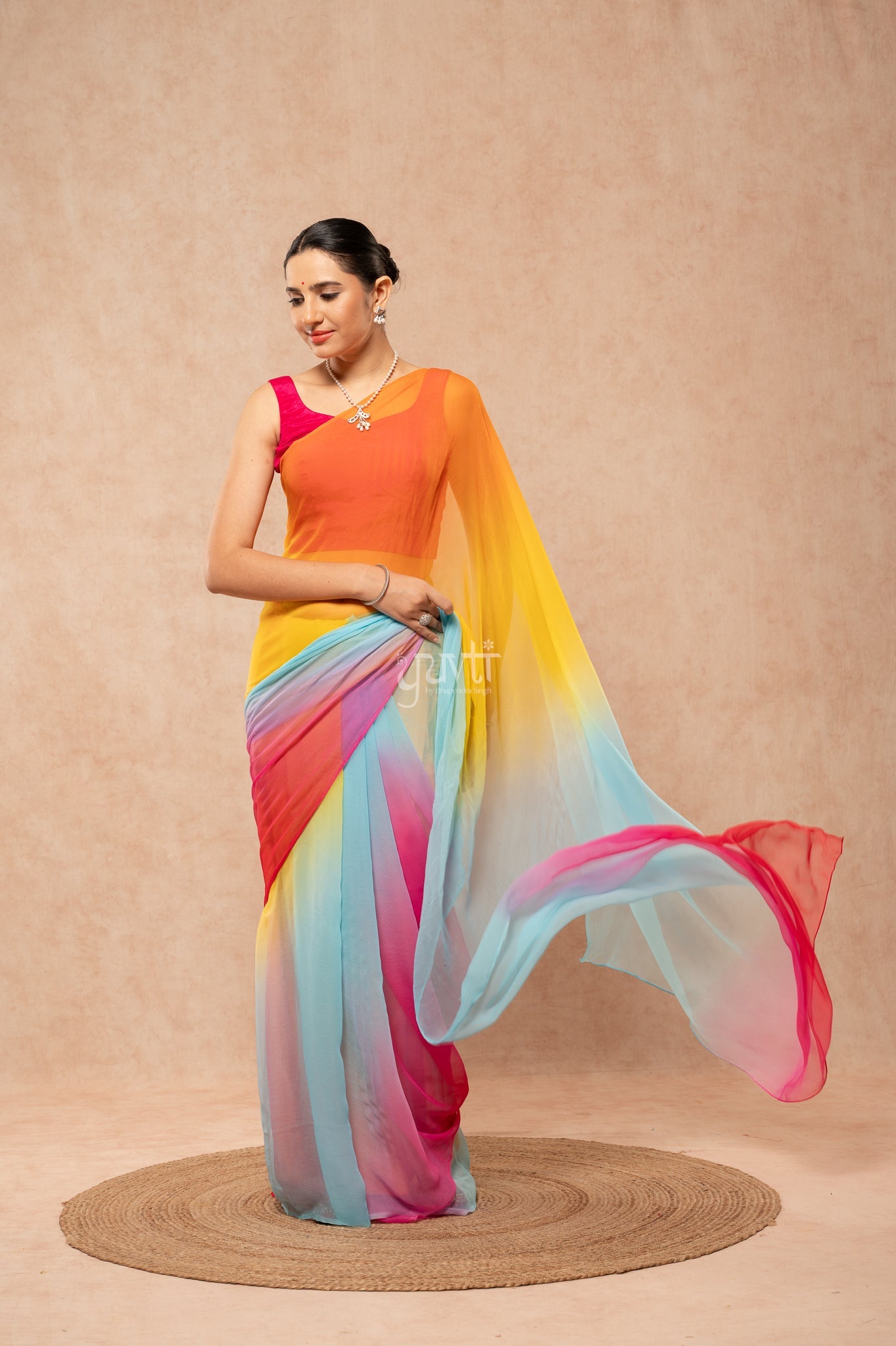 Red Rani Orange Yellow Aqua Viscose Chiffon Multicolour Hand-Dye Saree with Blouse