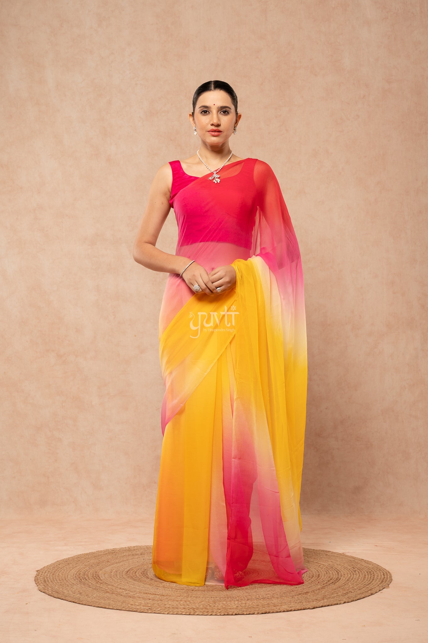 Red Rani Yellow Viscose Chiffon Multicolour Hand-Dye Saree with Blouse
