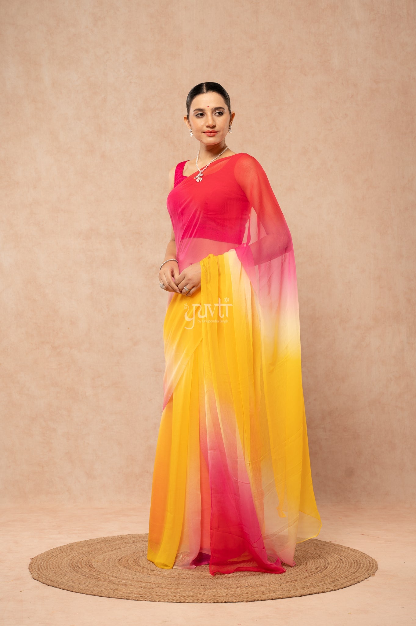 Red Rani Yellow Viscose Chiffon Multicolour Hand-Dye Saree with Blouse