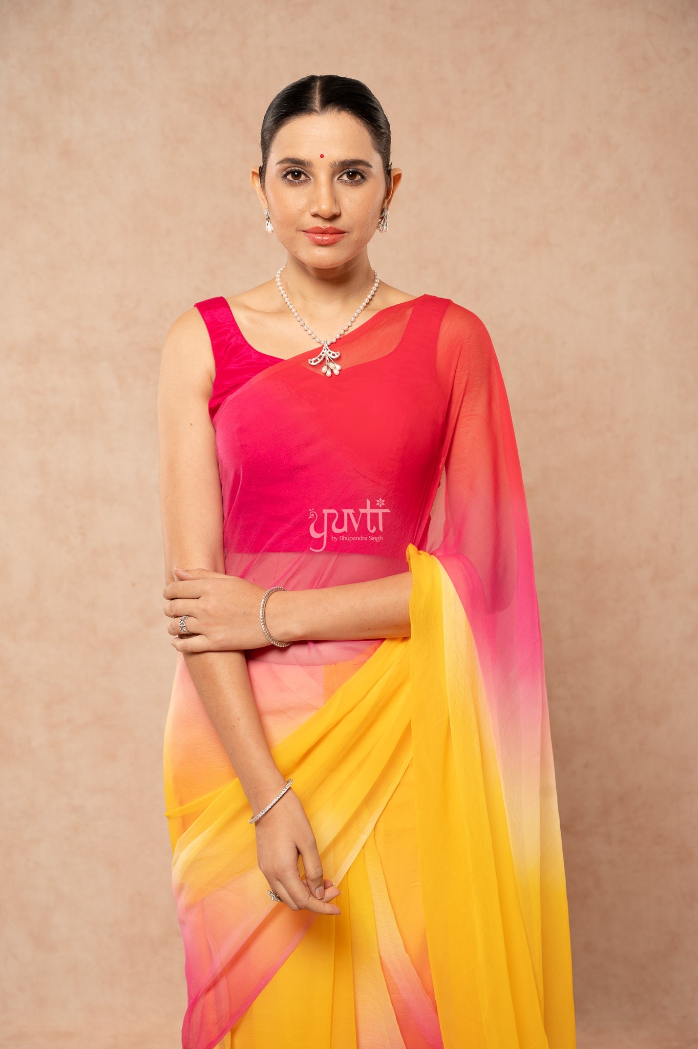 Red Rani Yellow Viscose Chiffon Multicolour Hand-Dye Saree with Blouse