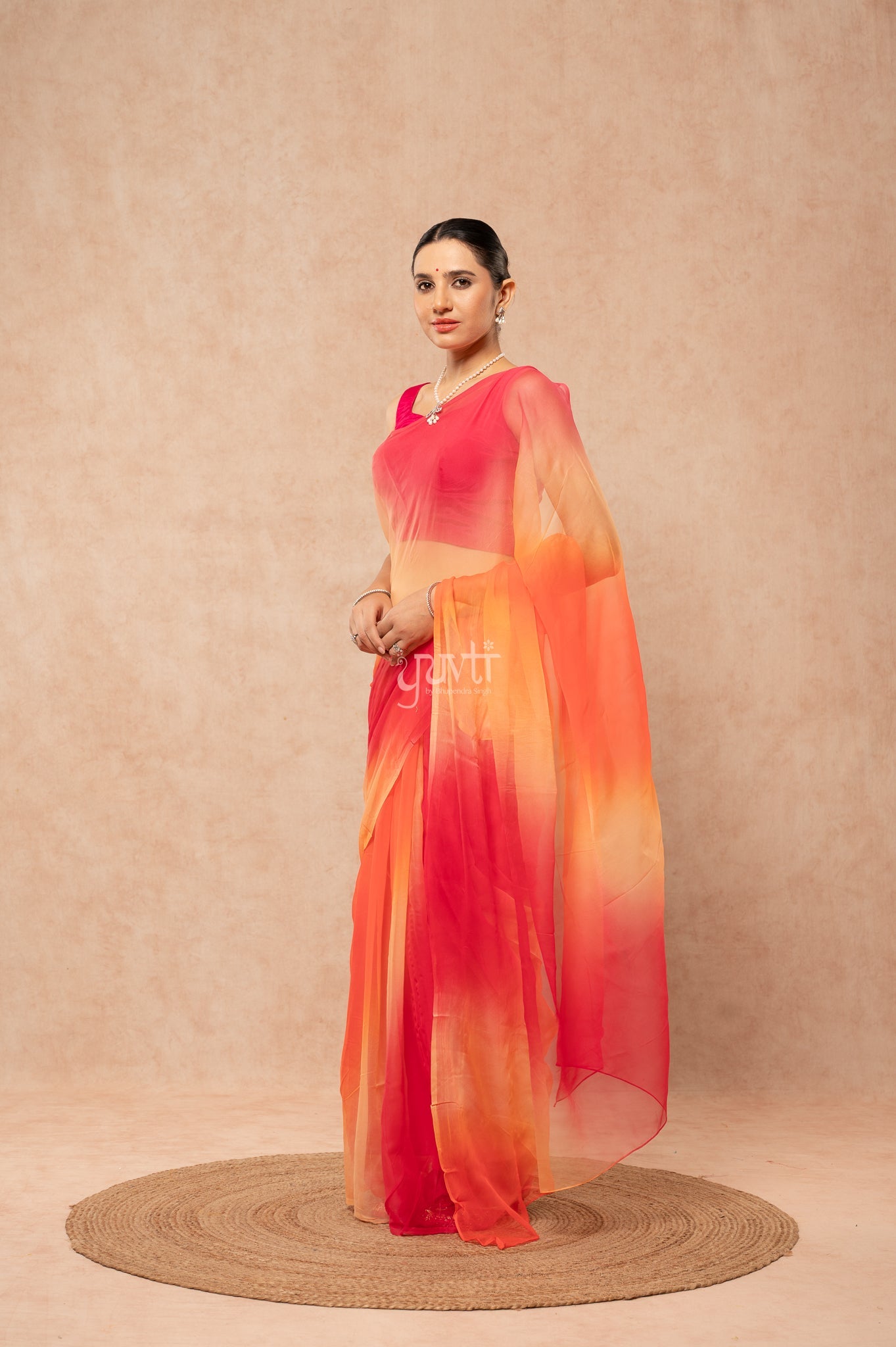 Orange Rani Peach Pure Georgette Multicolour Hand-Dye Saree with Blouse