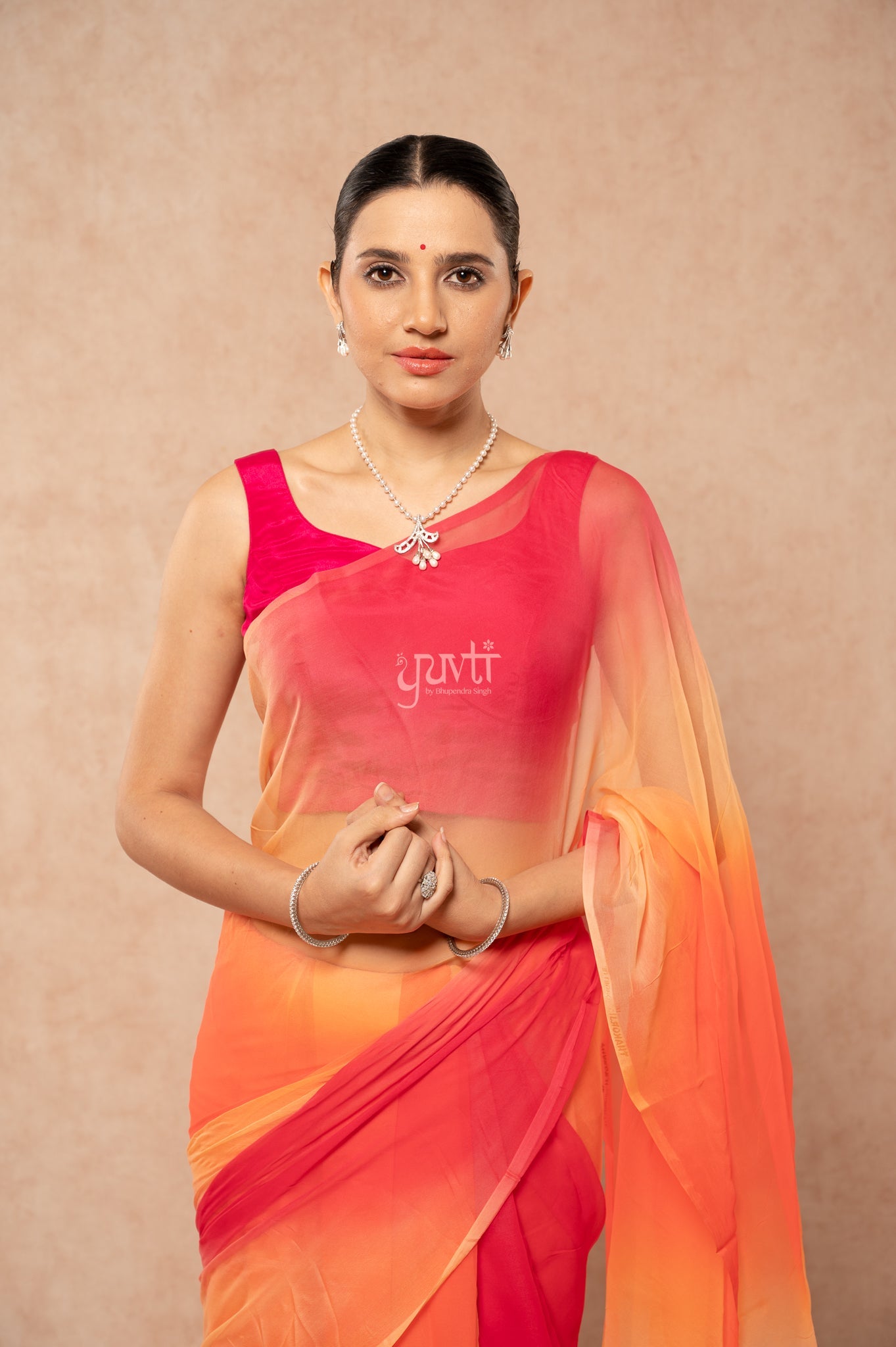 Orange Rani Peach Pure Georgette Multicolour Hand-Dye Saree with Blouse