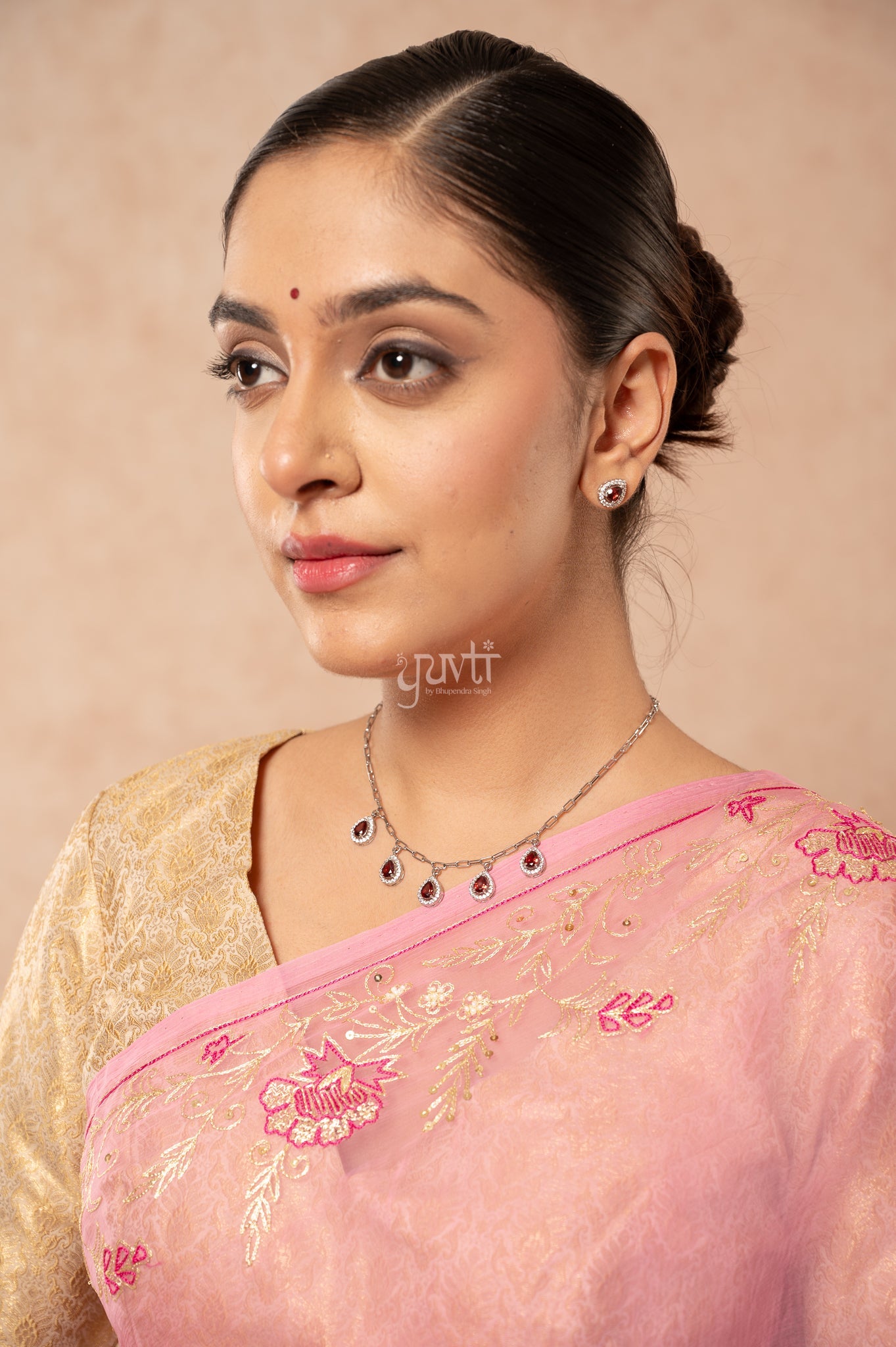 Baby Pink Viscose Chiffon Aari Resham Sequins Border & Motif (Butti) Handwork Saree with Blouse