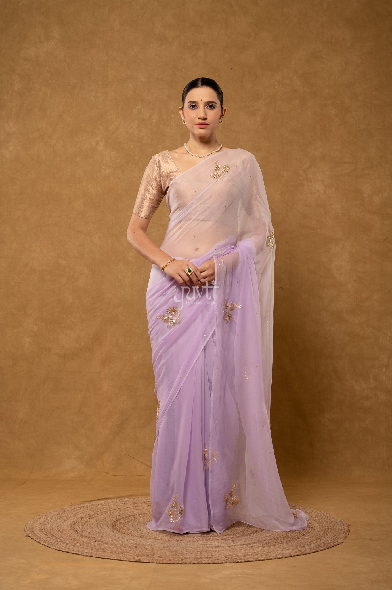 Lavender Viscose Chiffon Aari Sequins Motifs ( Butti ) Handwork Saree