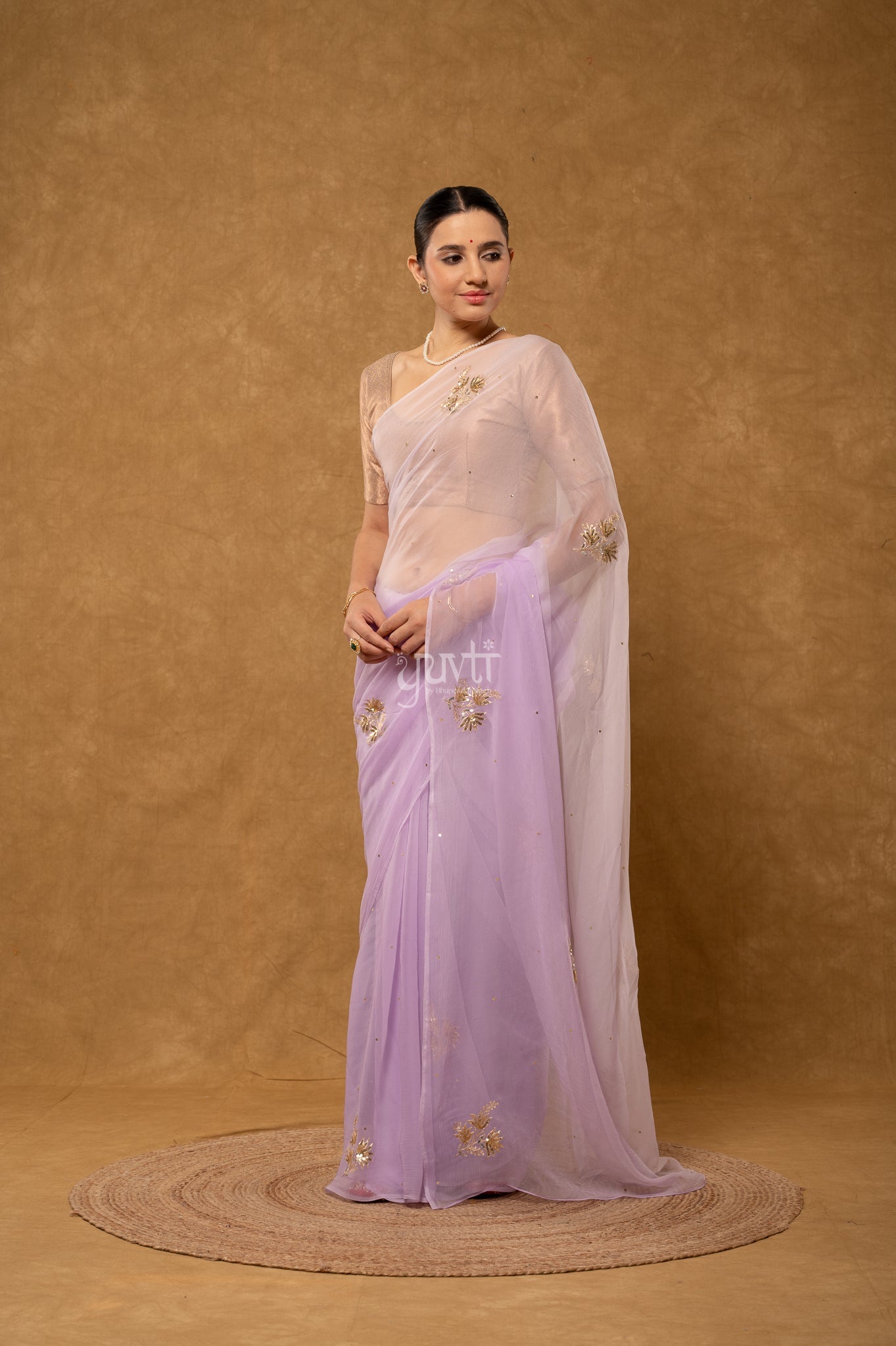 Lavender Viscose Chiffon Aari Sequins Motifs ( Butti ) Handwork Saree