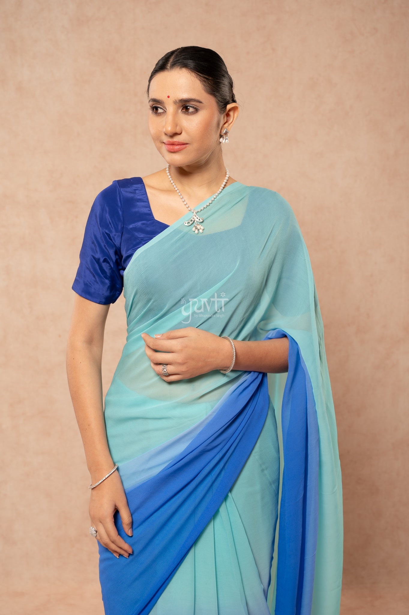 Aqua Blue Shaded Pure Chiffon Hand-Dye Saree with Blouse