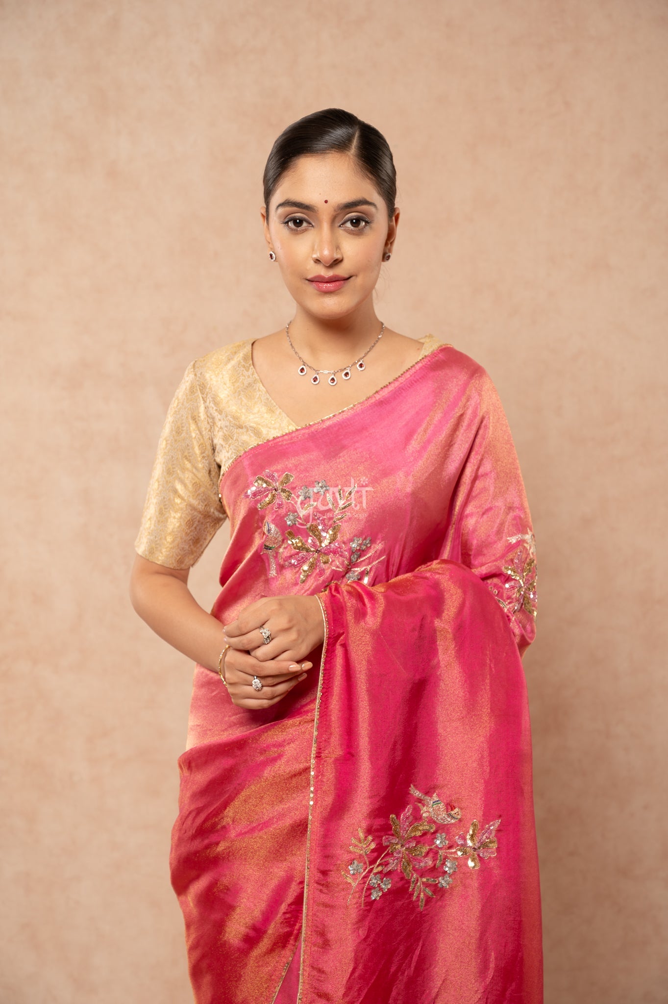 Rani Viscose Tissue Aari Sequins Motifs ( Butti ) Handwork Party Saree