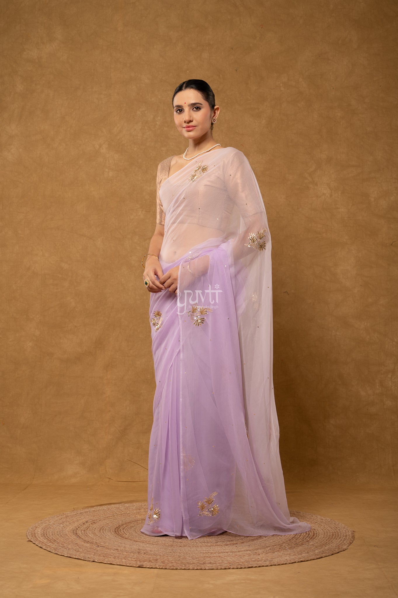 Lavender Viscose Chiffon Aari Sequins Motifs ( Butti ) Handwork Saree
