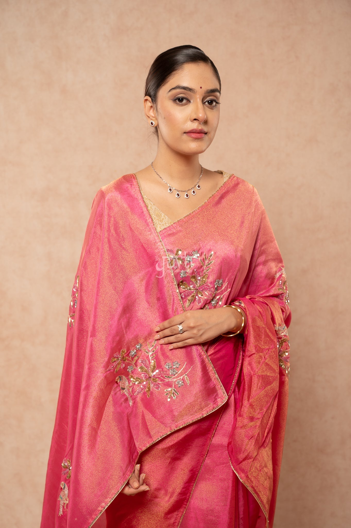 Rani Viscose Tissue Aari Sequins Motifs ( Butti ) Handwork Party Saree