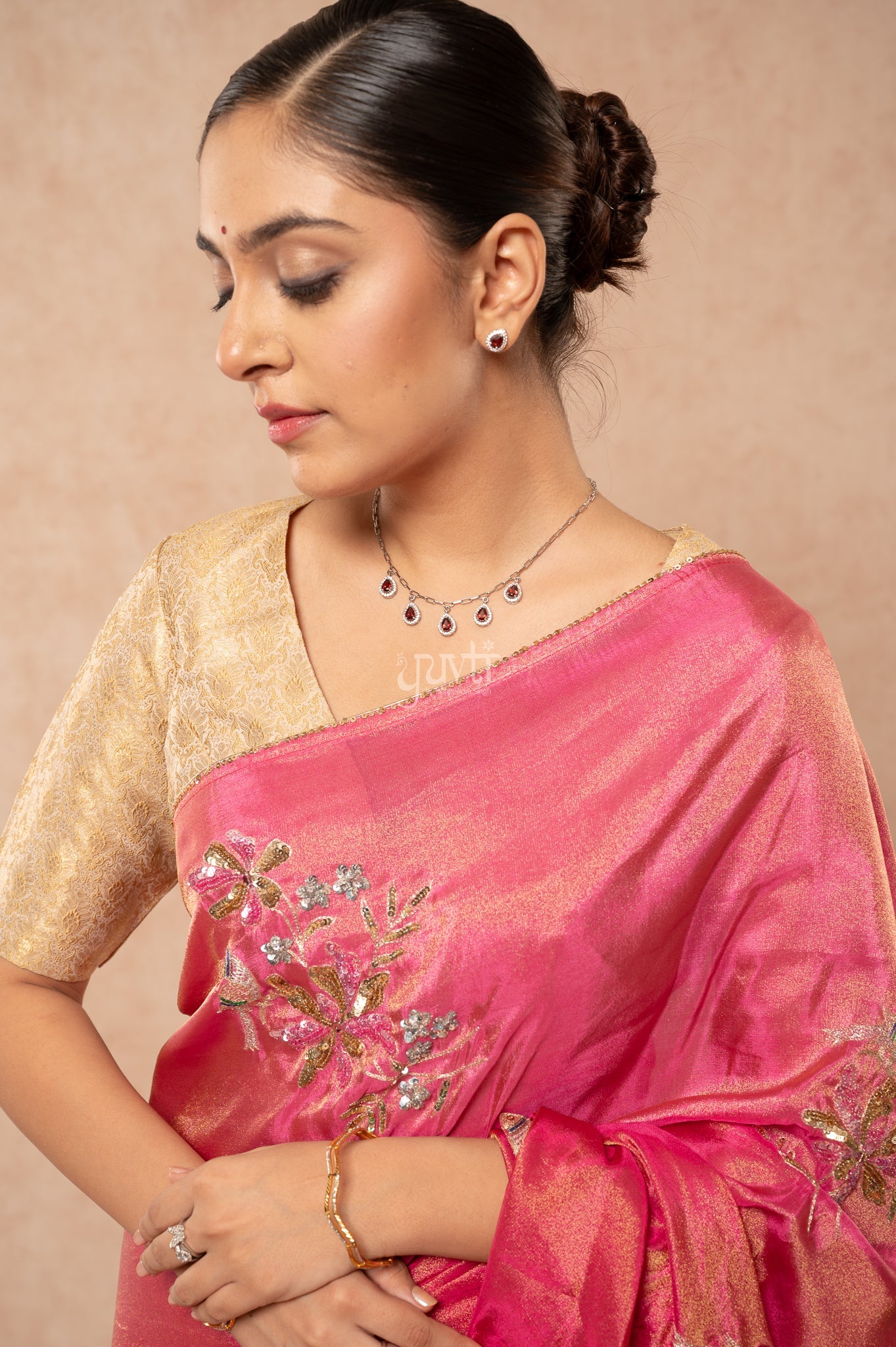 Rani Viscose Tissue Aari Sequins Motifs ( Butti ) Handwork Party Saree