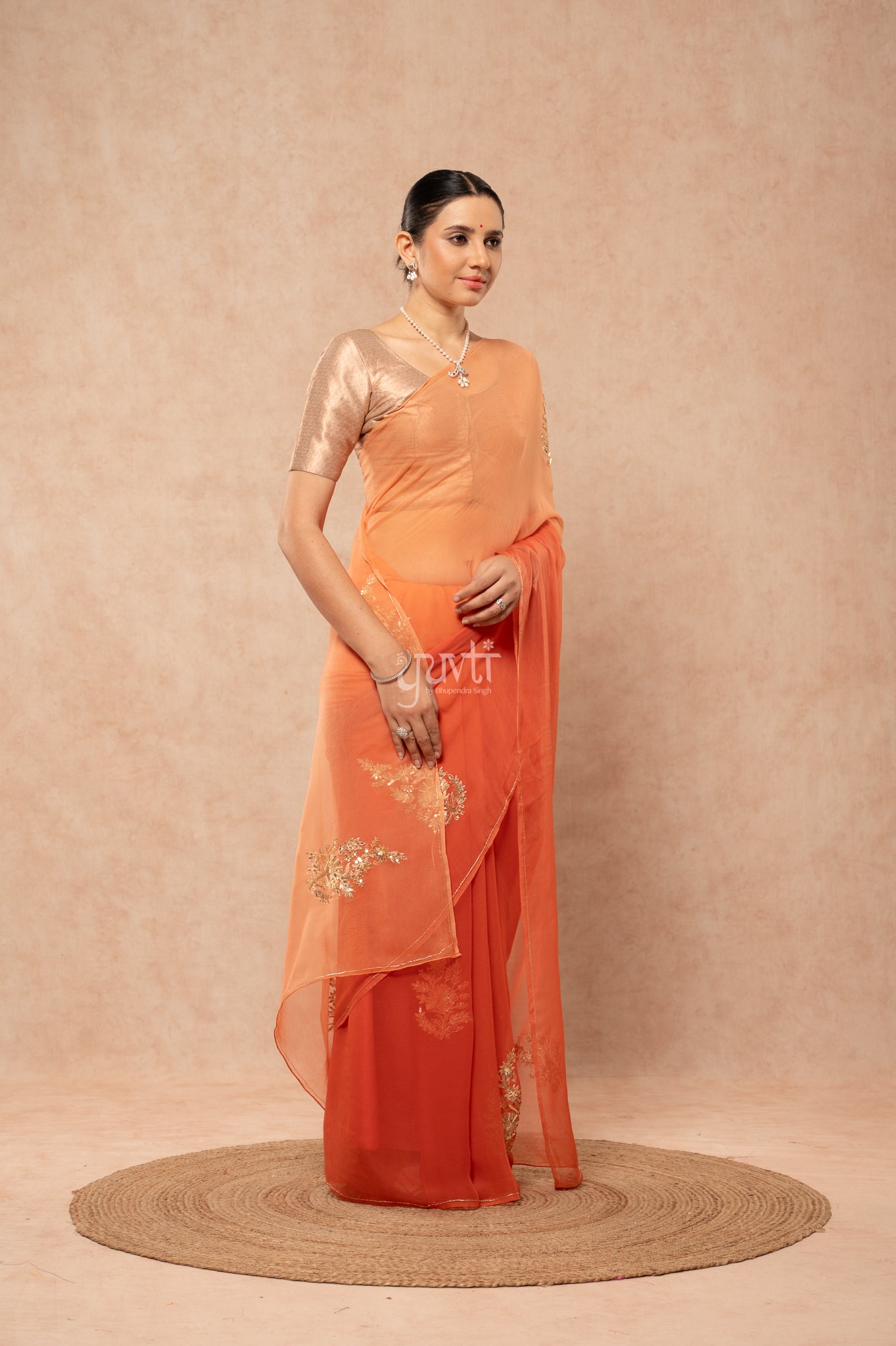 Rust Orange Shaded Viscose Chiffon Aari Sequins Motifs ( Butti ) al over Handwork Saree with Blouse