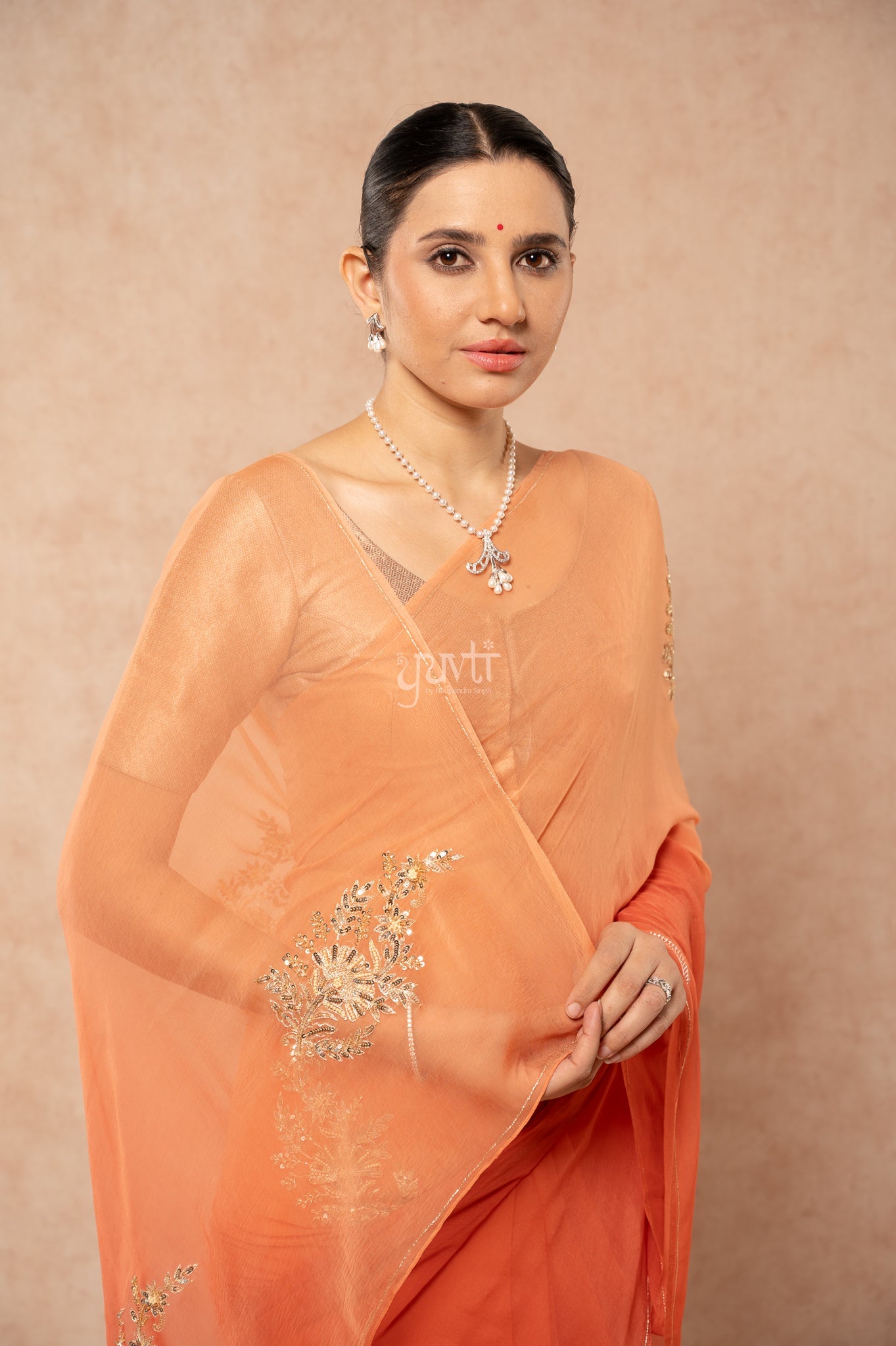 Rust Orange Shaded Viscose Chiffon Aari Sequins Motifs ( Butti ) al over Handwork Saree with Blouse