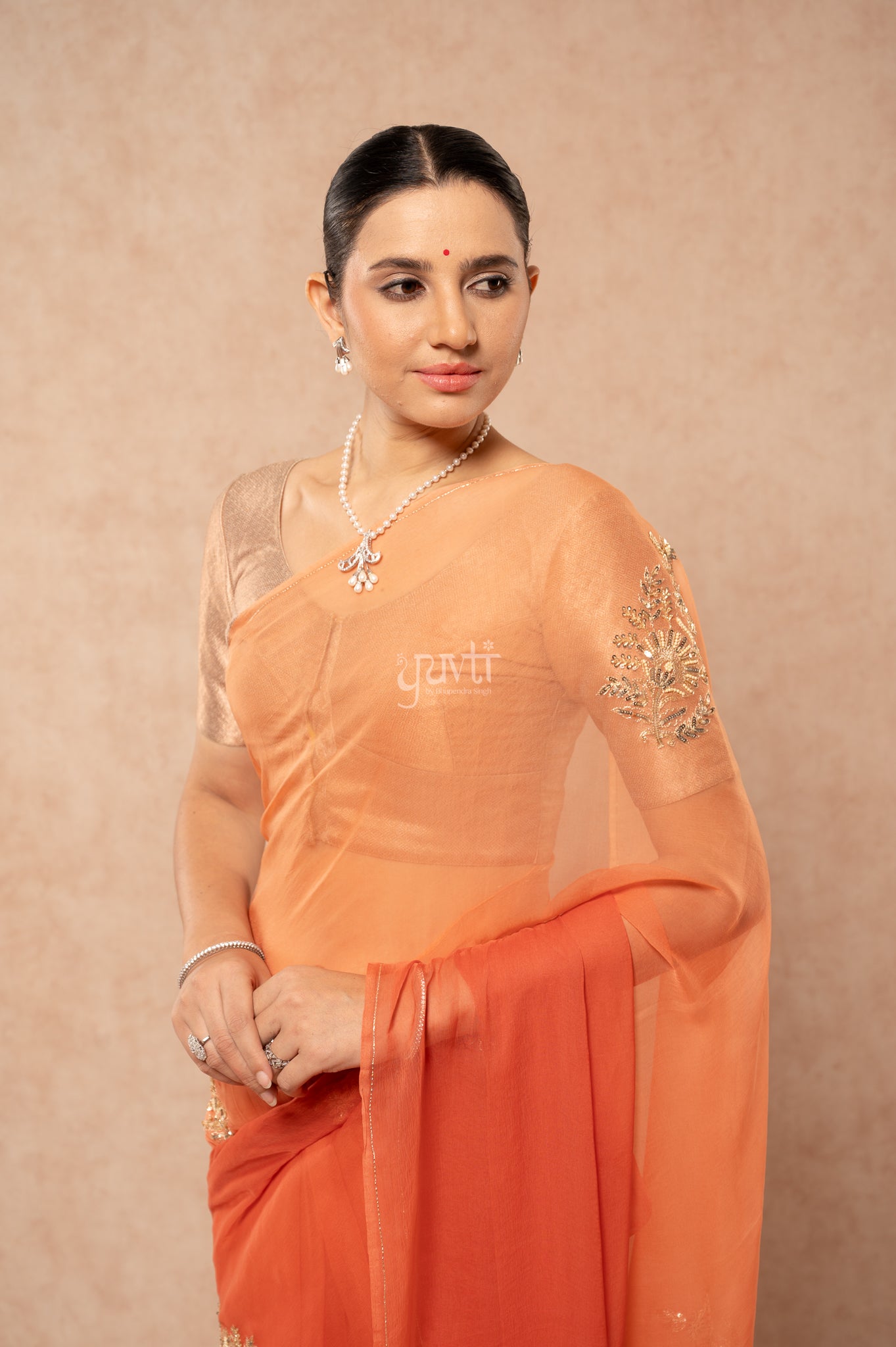 Rust Orange Shaded Viscose Chiffon Aari Sequins Motifs ( Butti ) al over Handwork Saree with Blouse
