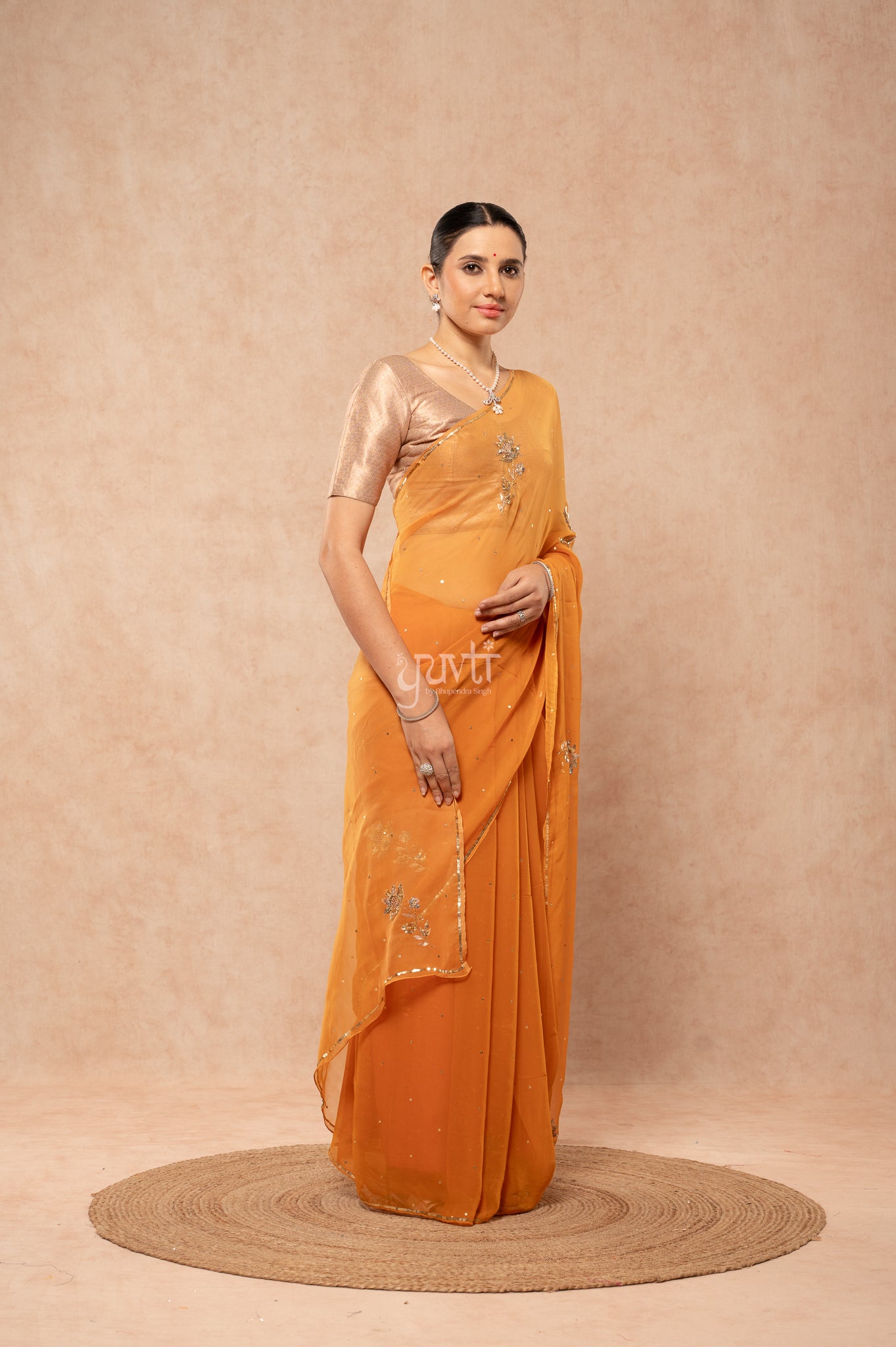Mustard Shaded Viscose Chiffon Aari Sequins Cut-work Motif (Butti) all Over Handwork Saree with Blouse