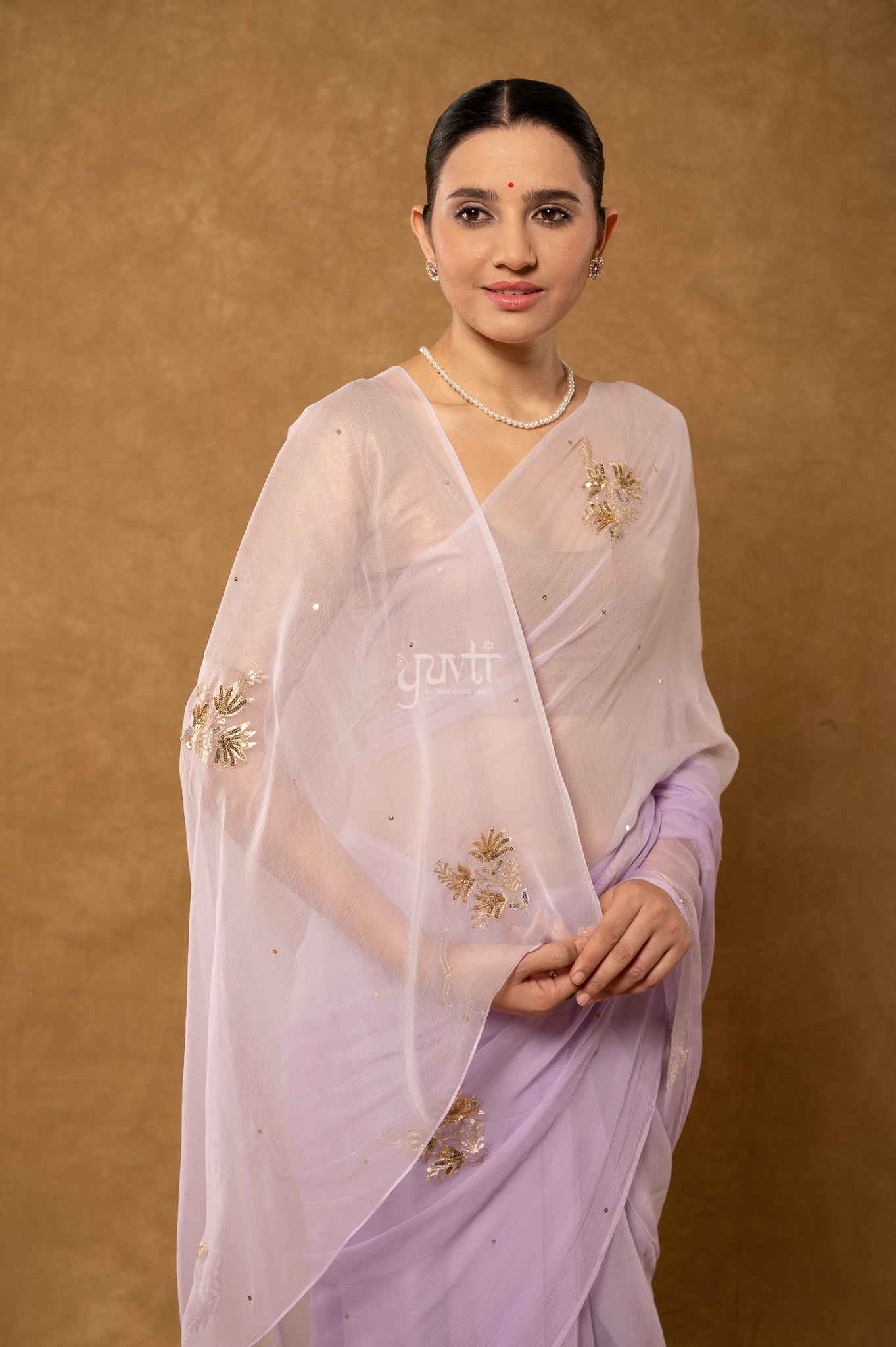 Lavender Viscose Chiffon Aari Sequins Motifs ( Butti ) Handwork Saree