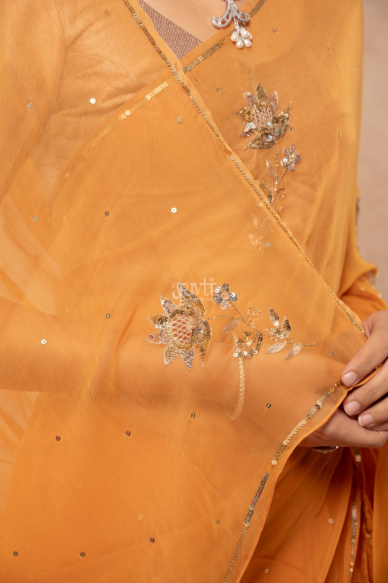 Mustard Shaded Viscose Chiffon Aari Sequins Cut-work Motif (Butti) all Over Handwork Saree with Blouse