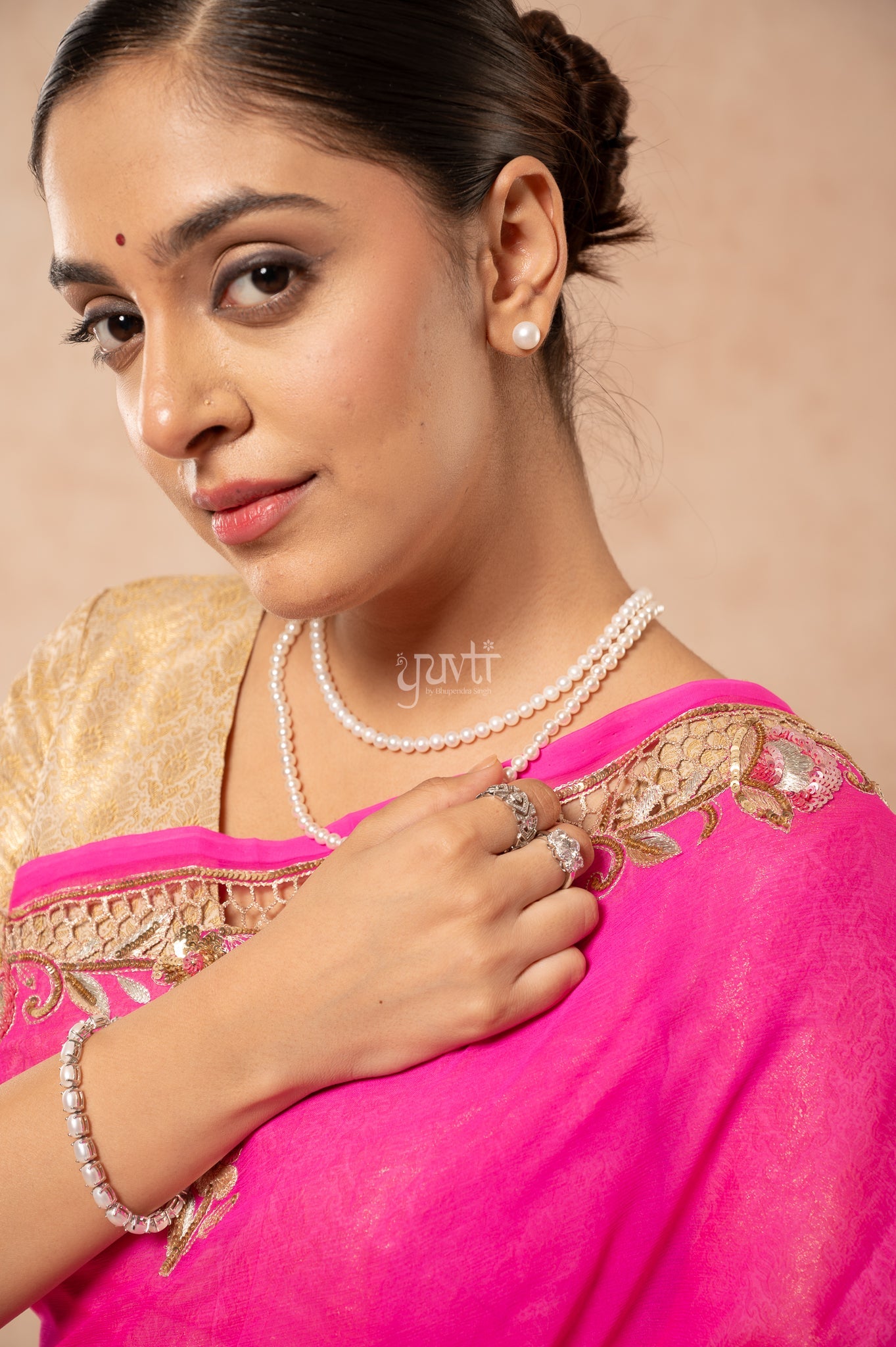 Rani Shaded Viscose Chiffon Aari Sequins Zardozi Cutwork Border & Motif (Butti) Handwork Party Saree