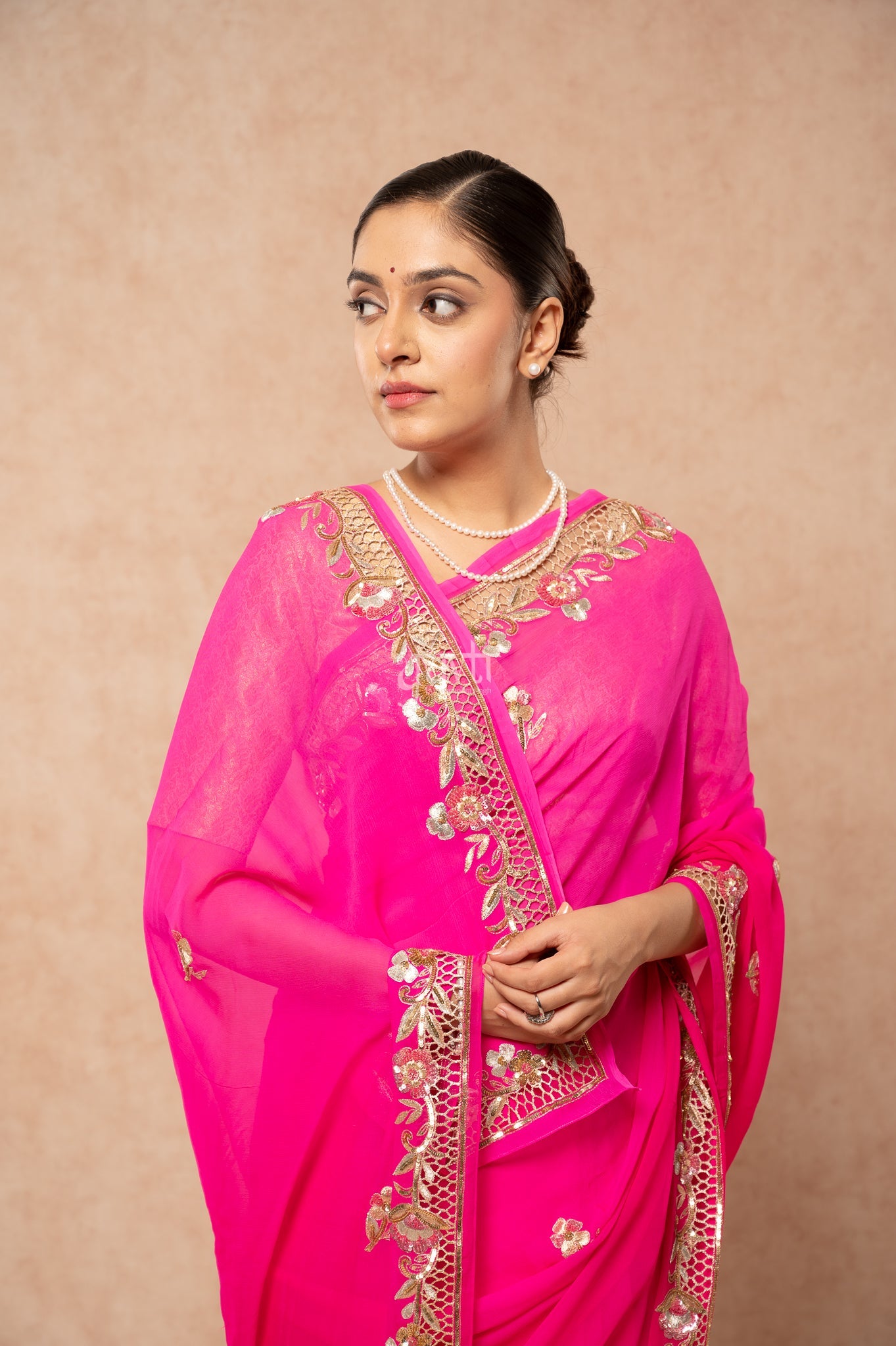 Rani Shaded Viscose Chiffon Aari Sequins Zardozi Cutwork Border & Motif (Butti) Handwork Party Saree