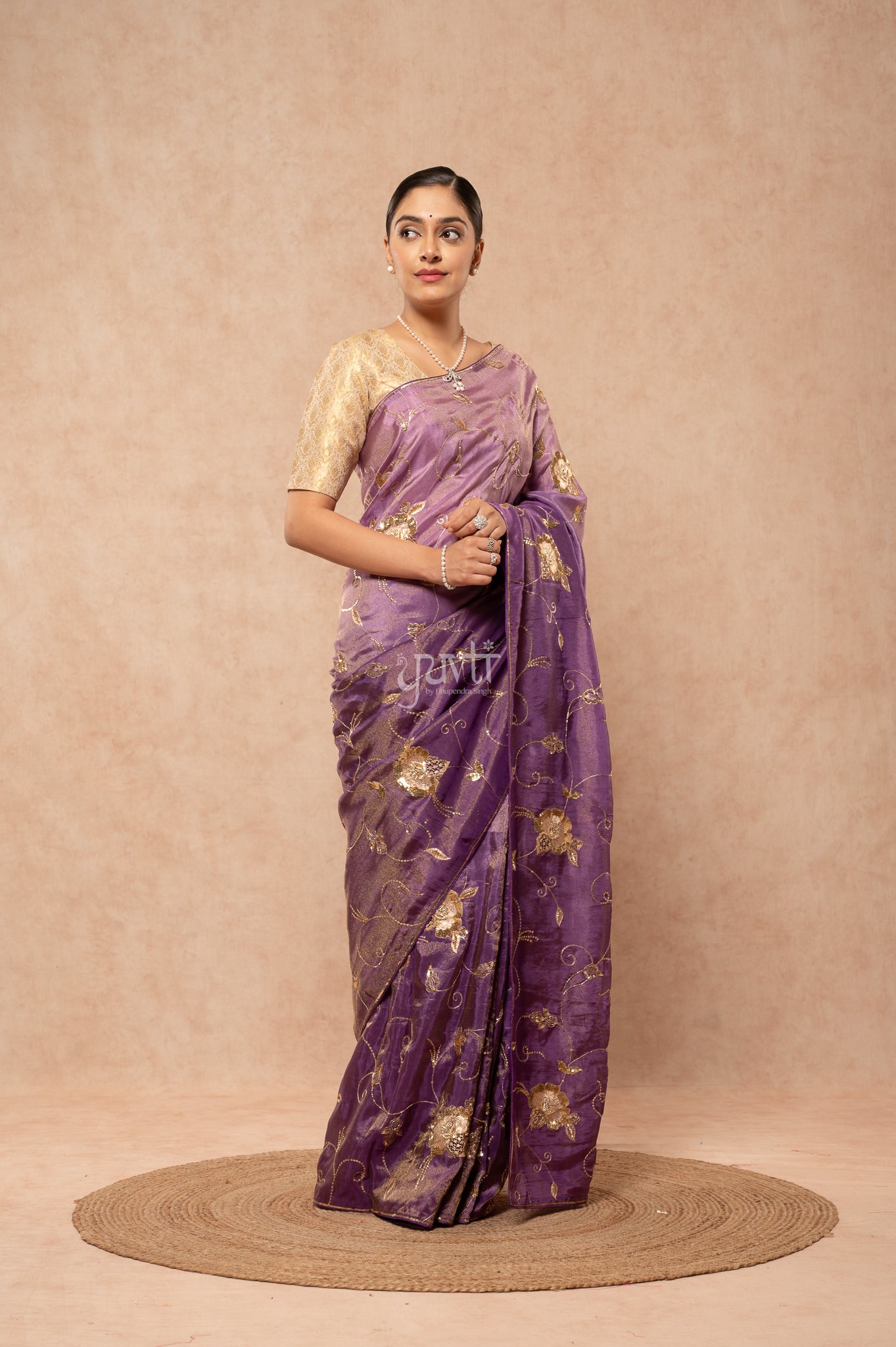 Purple Shaded Viscose Tissue Aari Sequins Jaal Handwork Party Saree