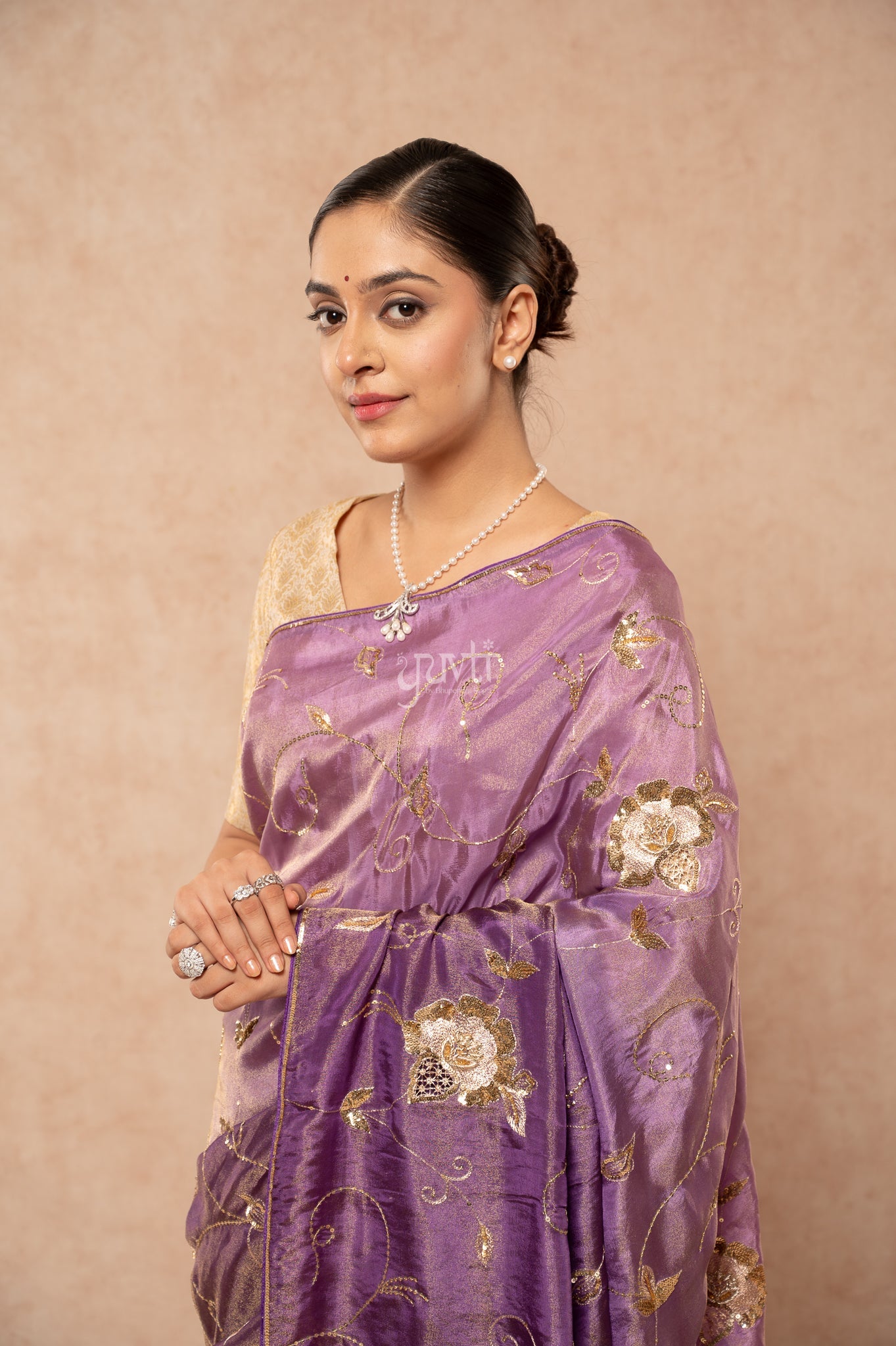 Purple Shaded Viscose Tissue Aari Sequins Jaal Handwork Party Saree