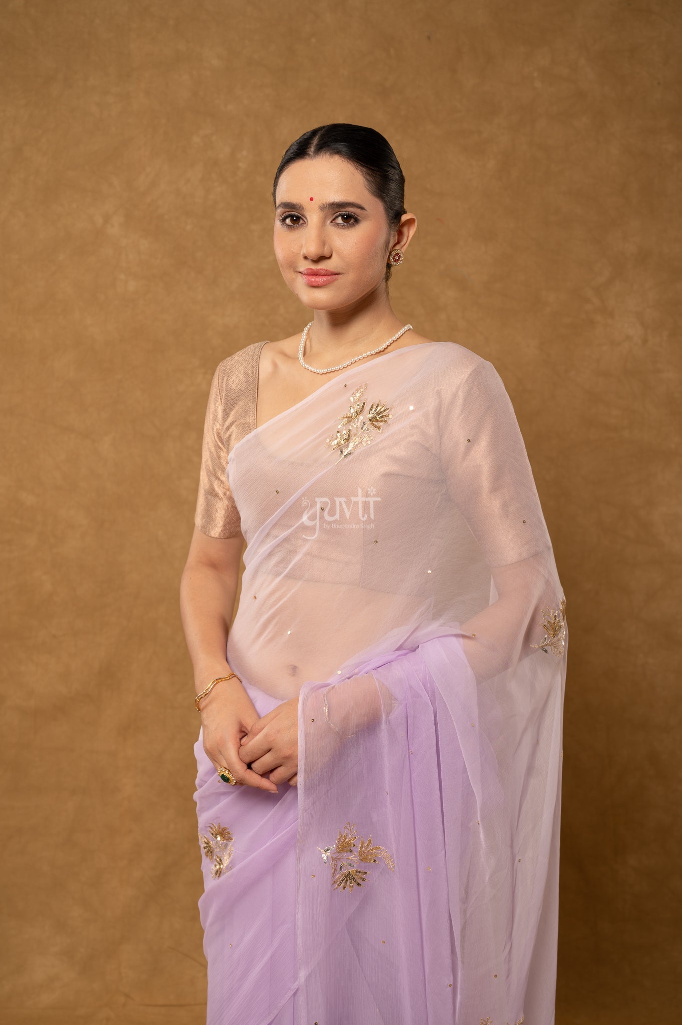 Lavender Viscose Chiffon Aari Sequins Motifs ( Butti ) Handwork Saree