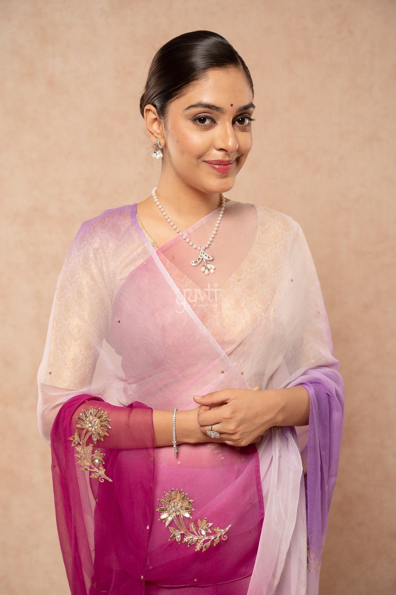 Wine Lavender White Multicolour Viscose Chiffon Aari Sequins Kardana Handwork Saree