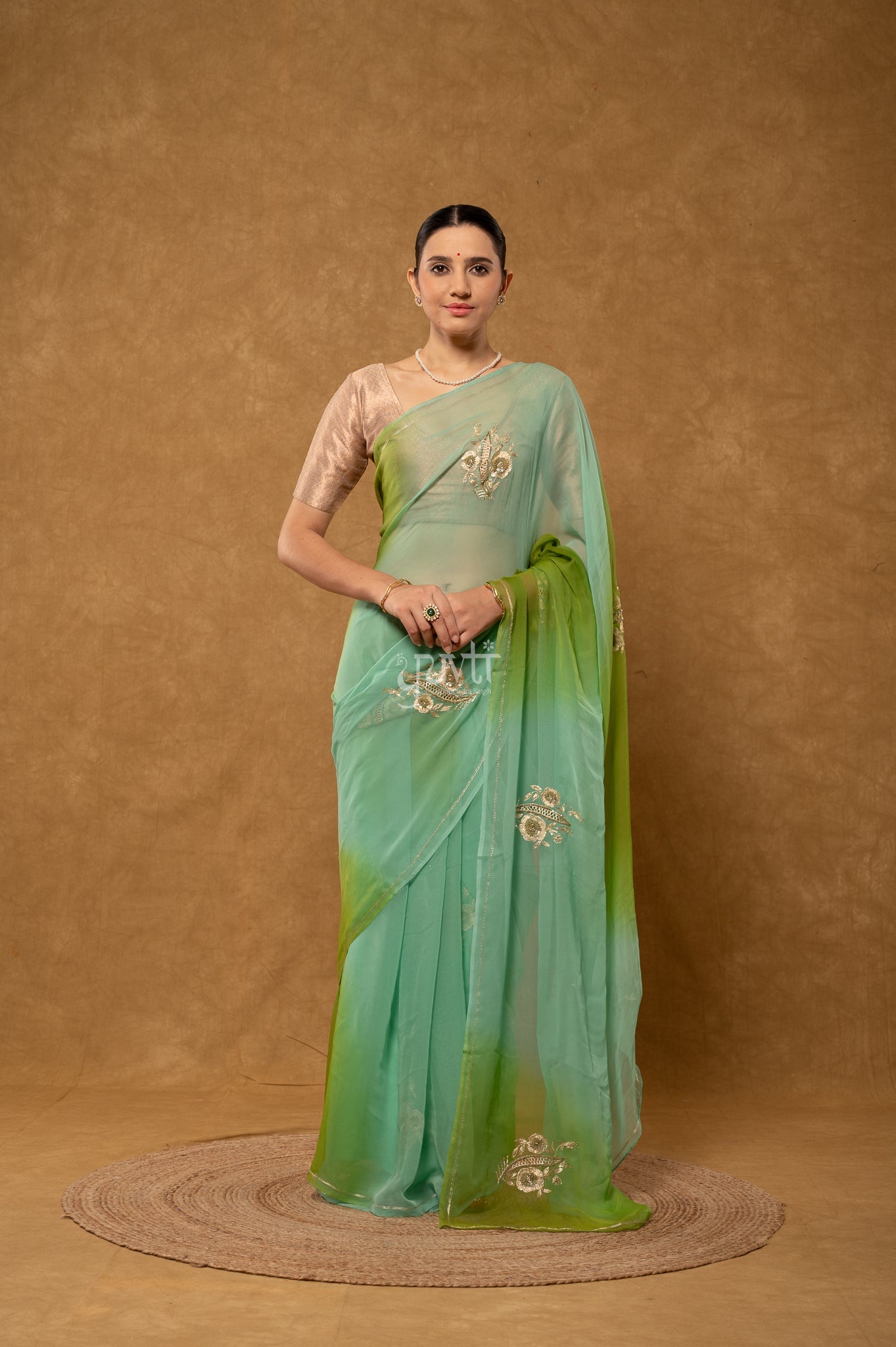 Green Shaded Viscose Chiffon Aari Sequins Cut Work Motif Handwork Saree