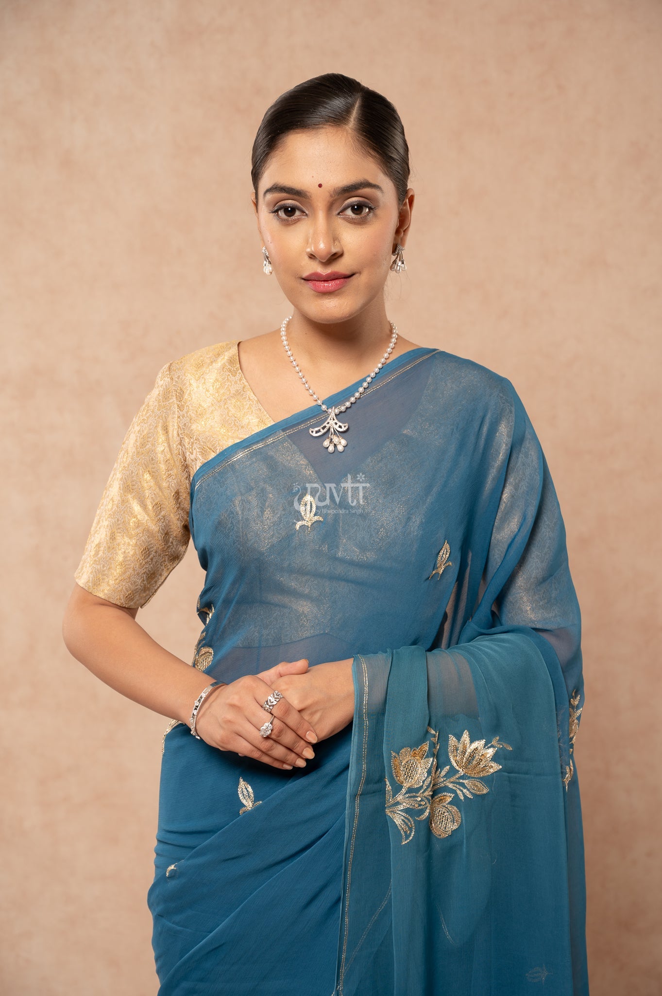 Rama Blue Viscose Chiffon Aari Sequins Cut-work Motif (Butti) all Over Handwork Saree with Blouse