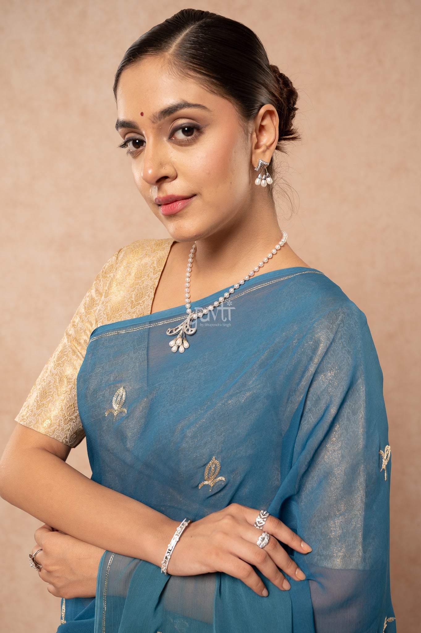 Rama Blue Viscose Chiffon Aari Sequins Cut-work Motif (Butti) all Over Handwork Saree with Blouse