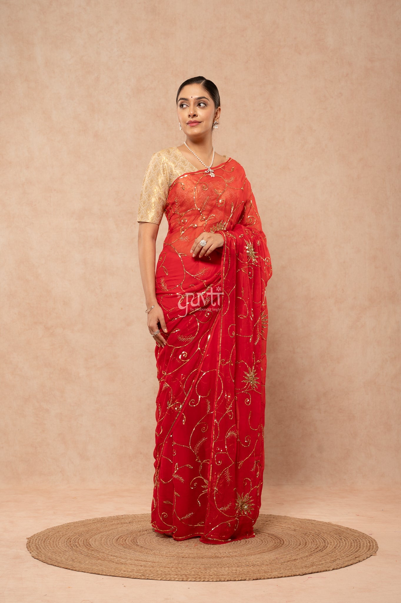 Red Light Dark Viscose Chiffon Sequins Kardana Jaal Handwork Saree