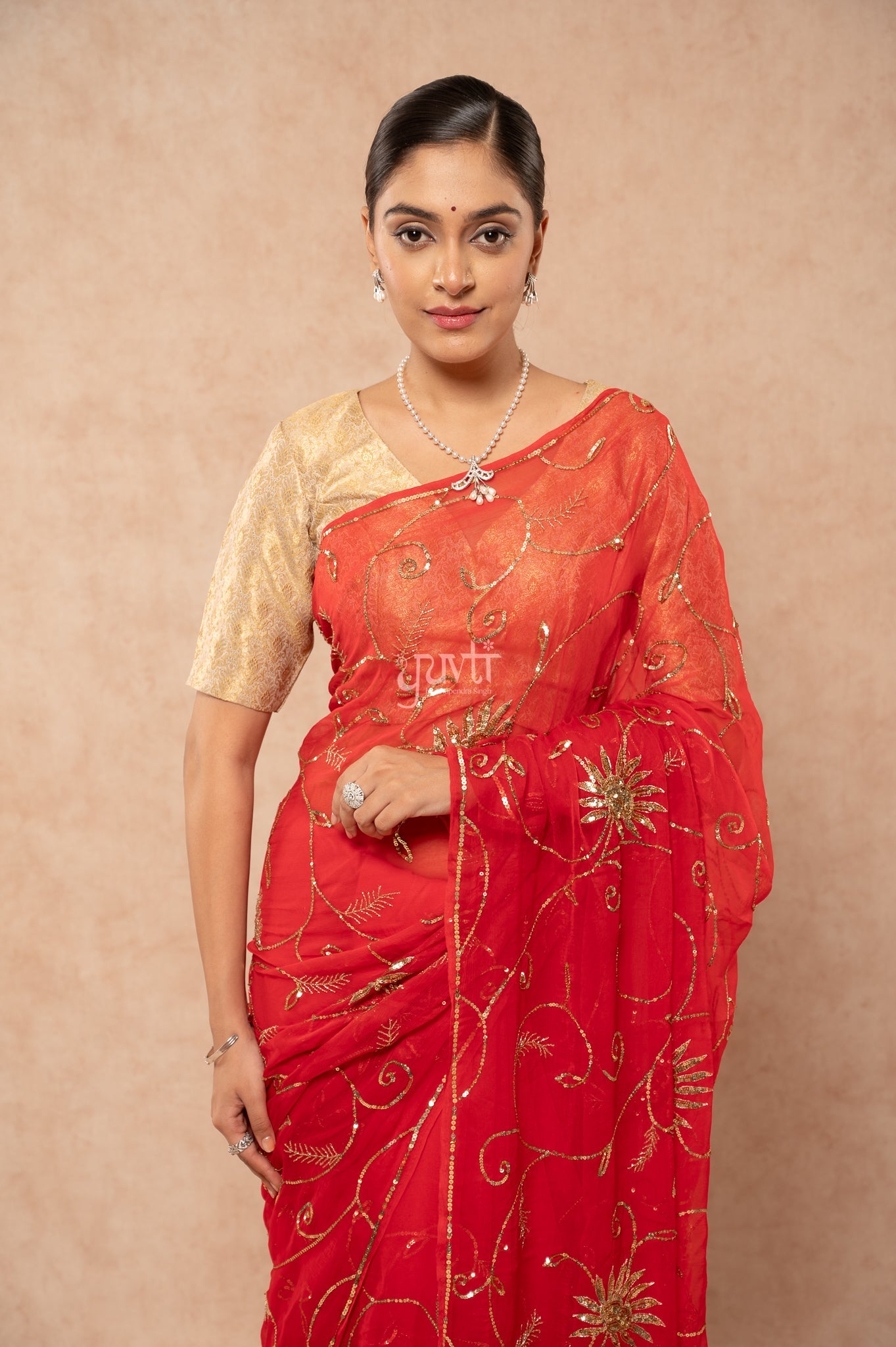 Red Light Dark Viscose Chiffon Sequins Kardana Jaal Handwork Saree