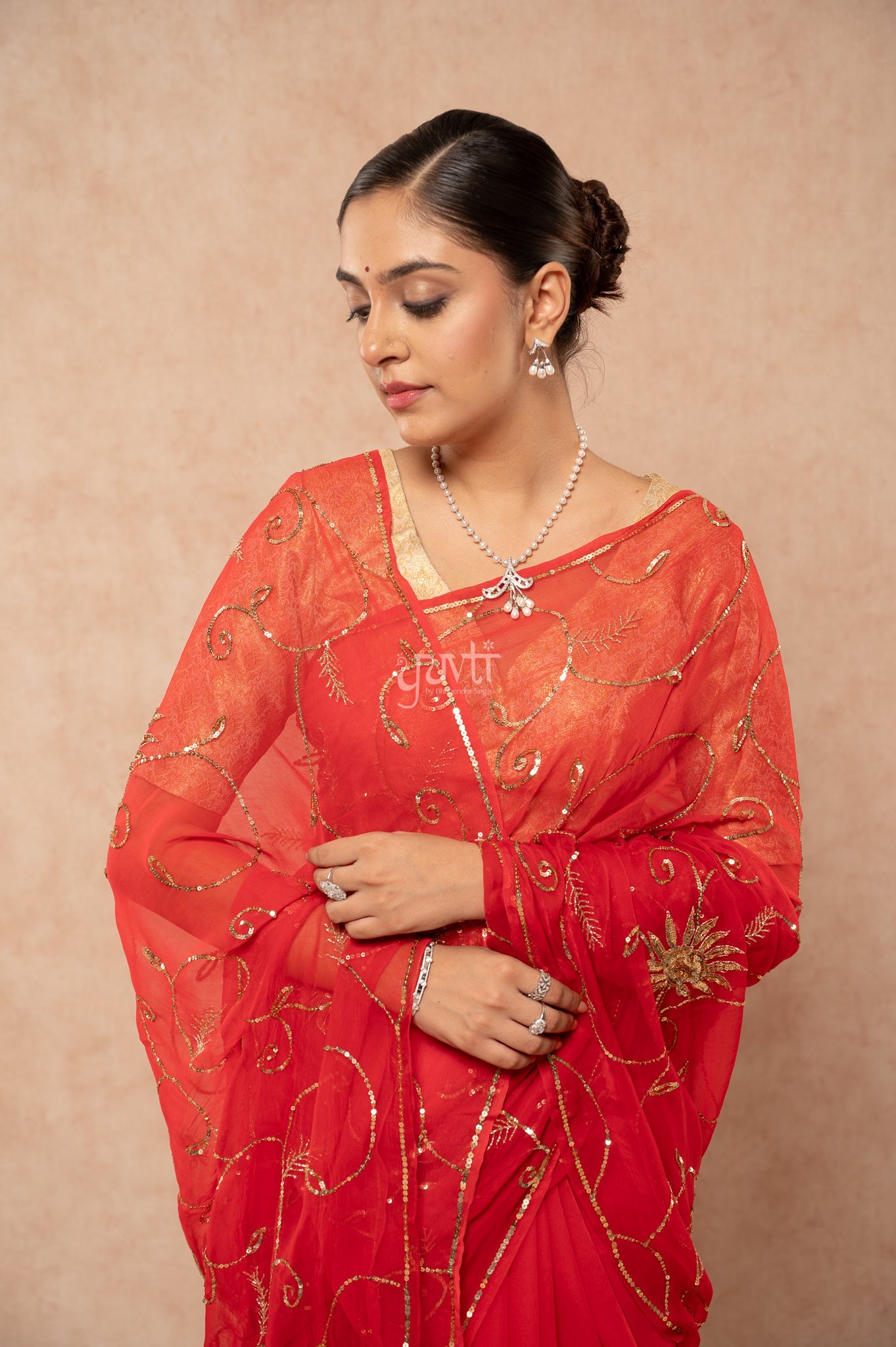 Red Light Dark Viscose Chiffon Sequins Kardana Jaal Handwork Saree
