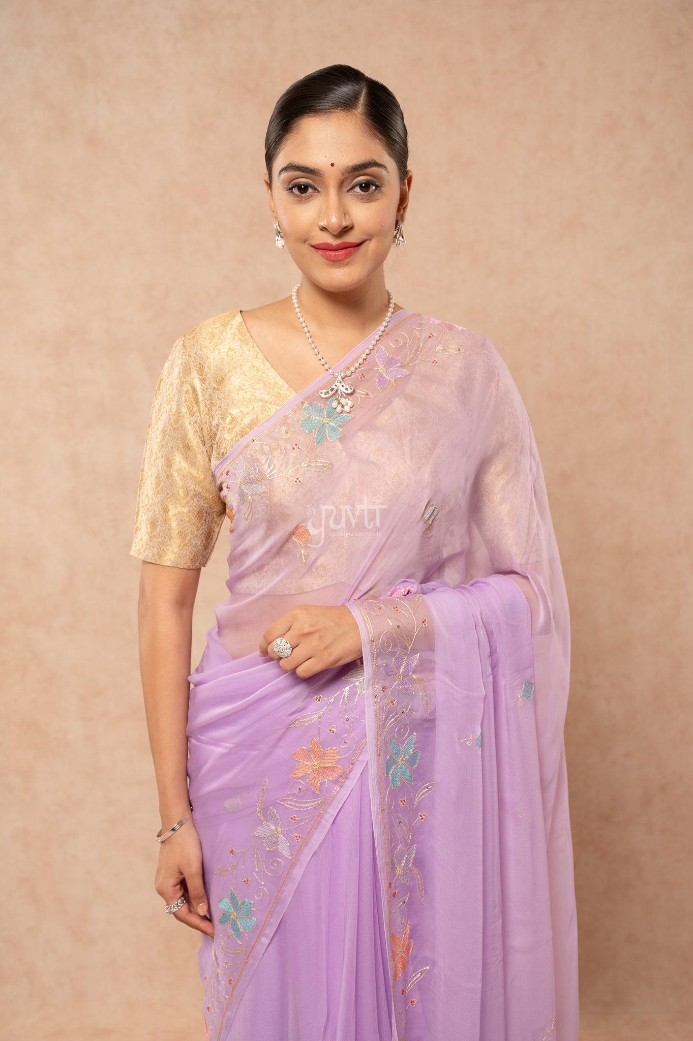 Lavender Viscose Chiffon Aari Resham Border Motif (Butti) Handwork Saree