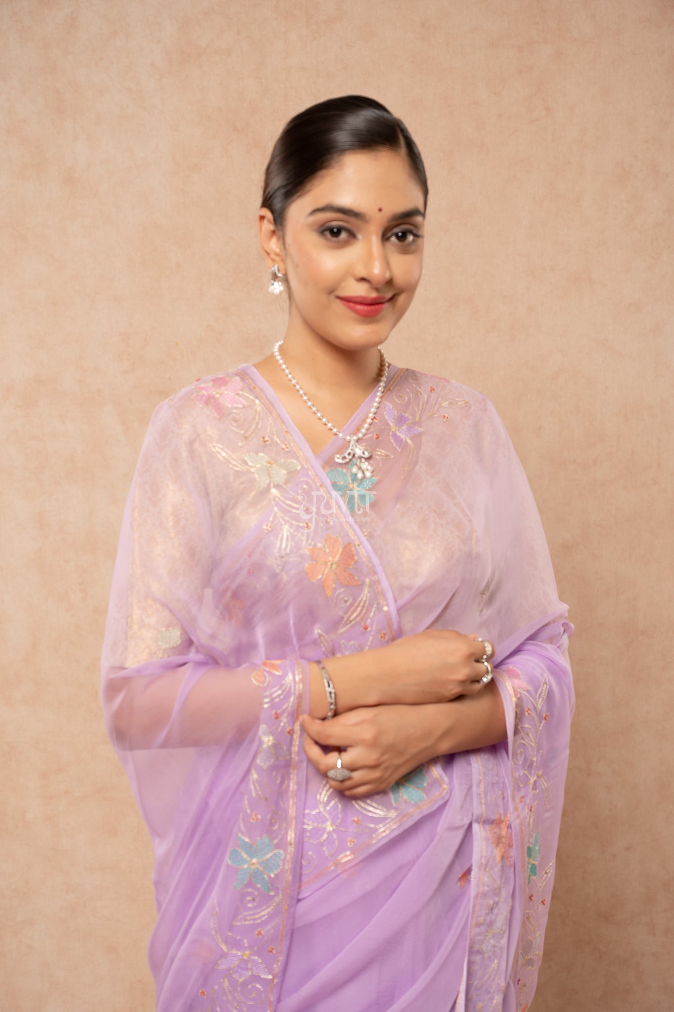 Lavender Viscose Chiffon Aari Resham Border Motif (Butti) Handwork Saree