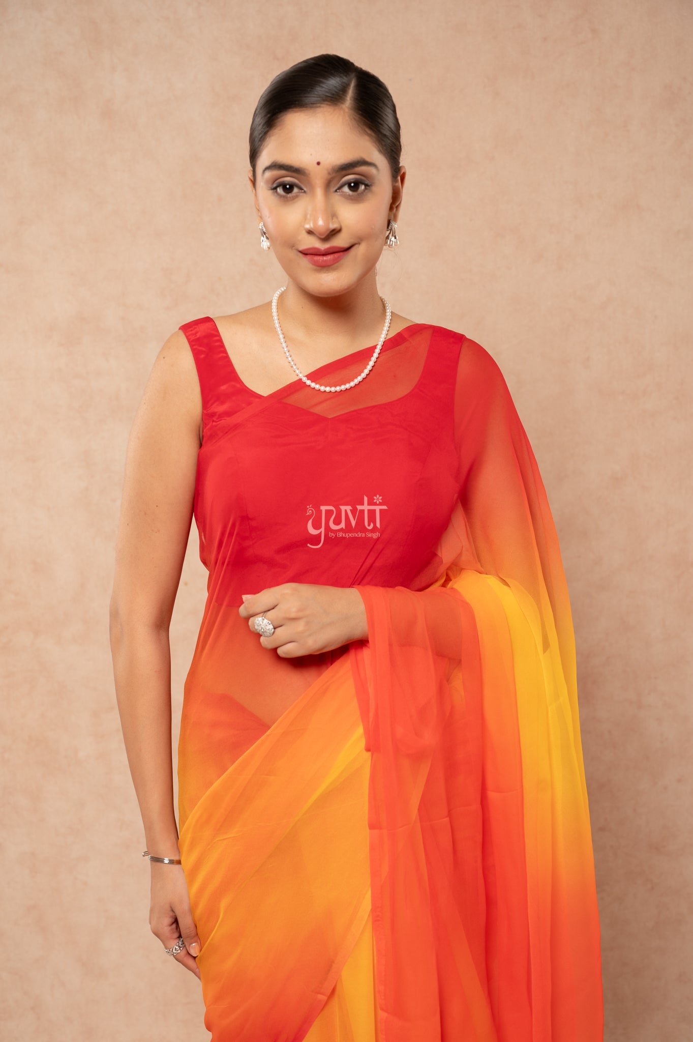 Red Orange Yellow Pure Georgette Multicolour Hand-Dye Saree with Blouse