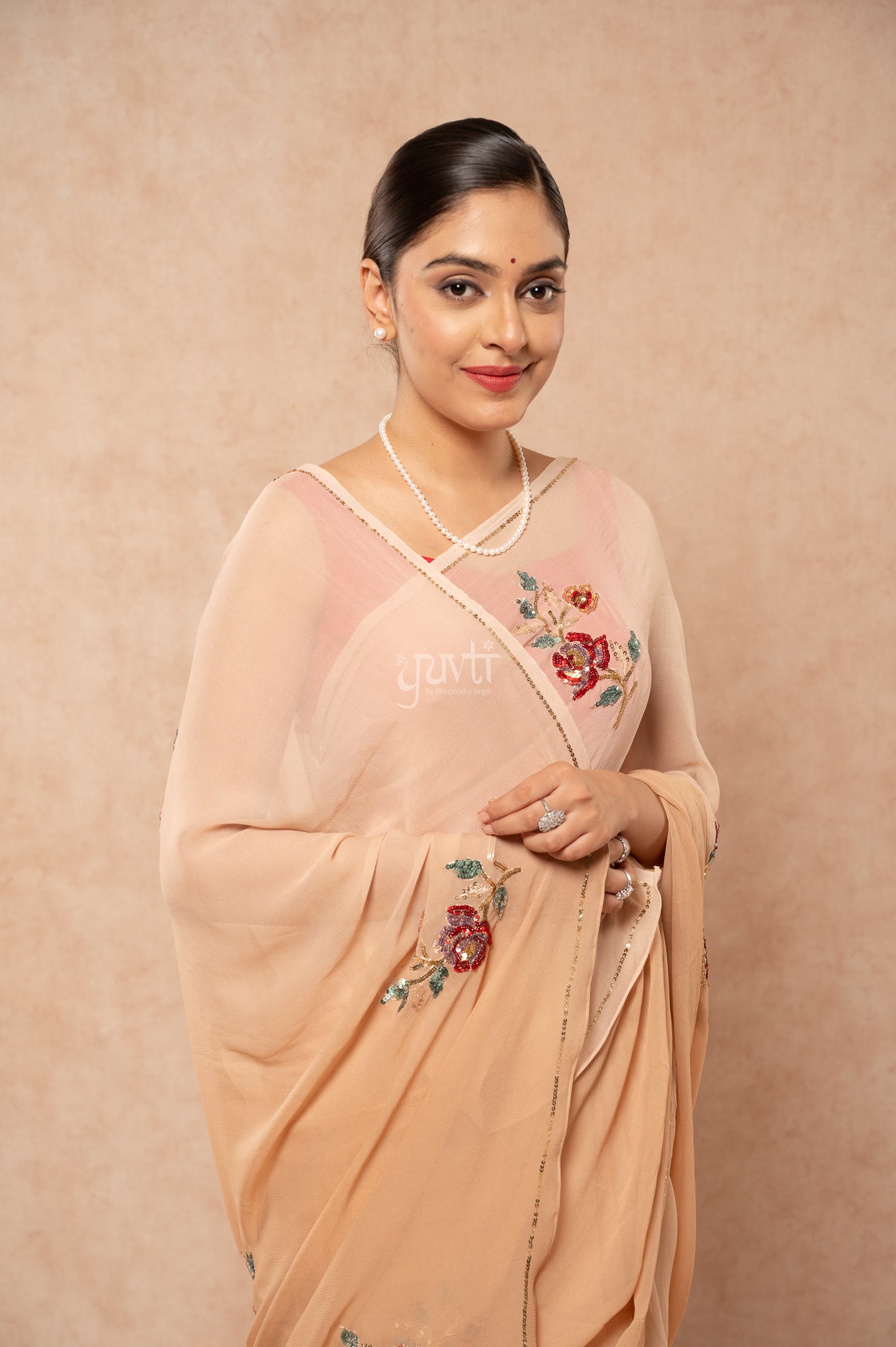 Beige Shaded Pure Chiffon Aari Sequins Motifs ( Butti ) handwork Saree