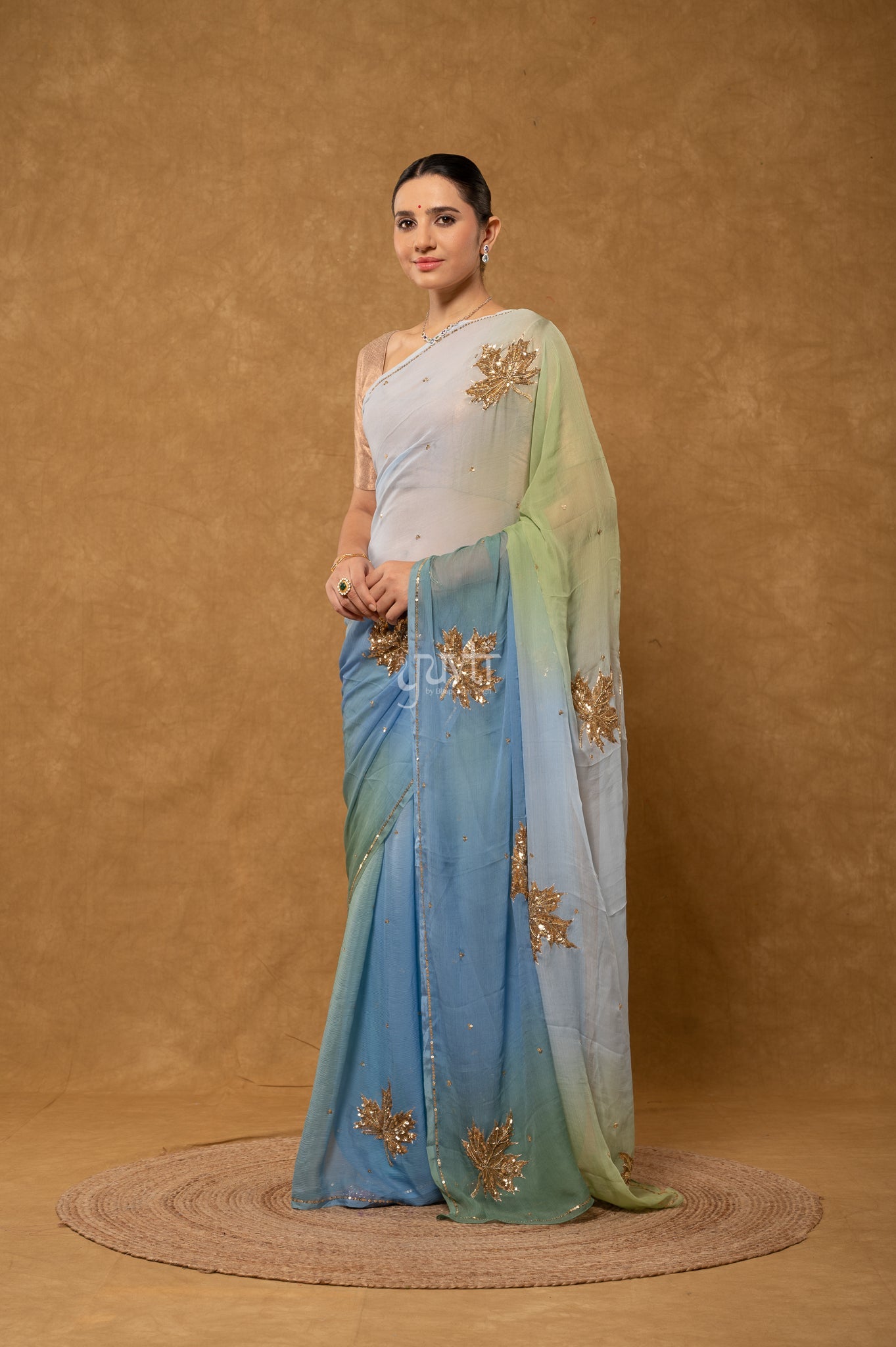 Grey Sea Green Shaded Pure Chiffon Sequins Kardana Motifs ( Butti ) Handwork Party Saree