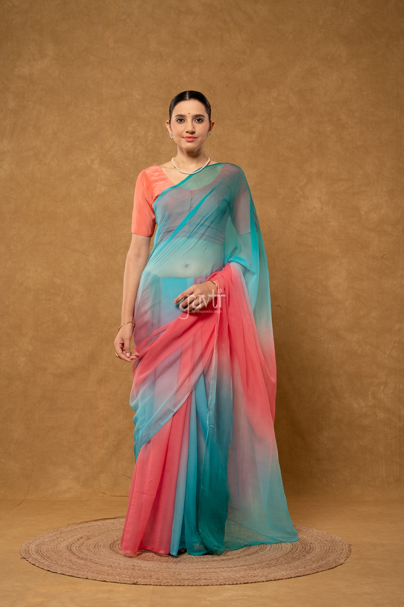 Rama Sky Gajri Shaded Pure Georgette Hand-Dye Saree with Blouse
