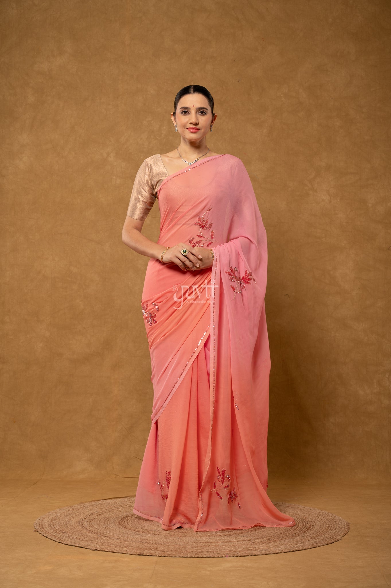 Pink Peach Shaded Pure Chiffon Aari Sequins Motifs ( Butti ) Handwork Party Saree
