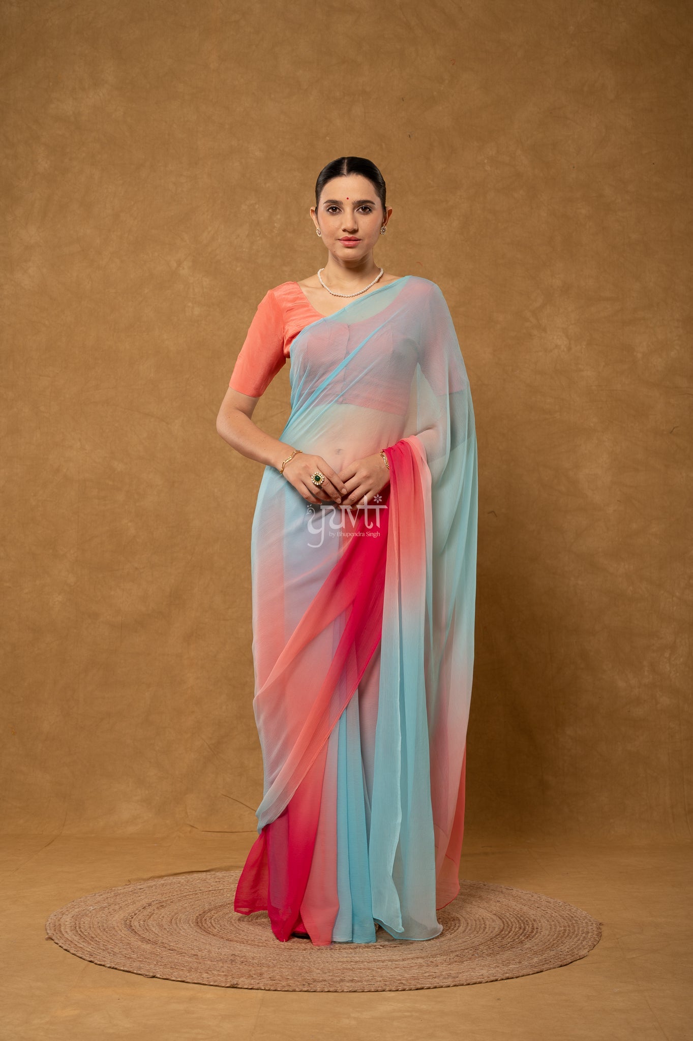 Rama Sky Gajri Shaded Pure Georgette Hand-Dye Saree with Blouse