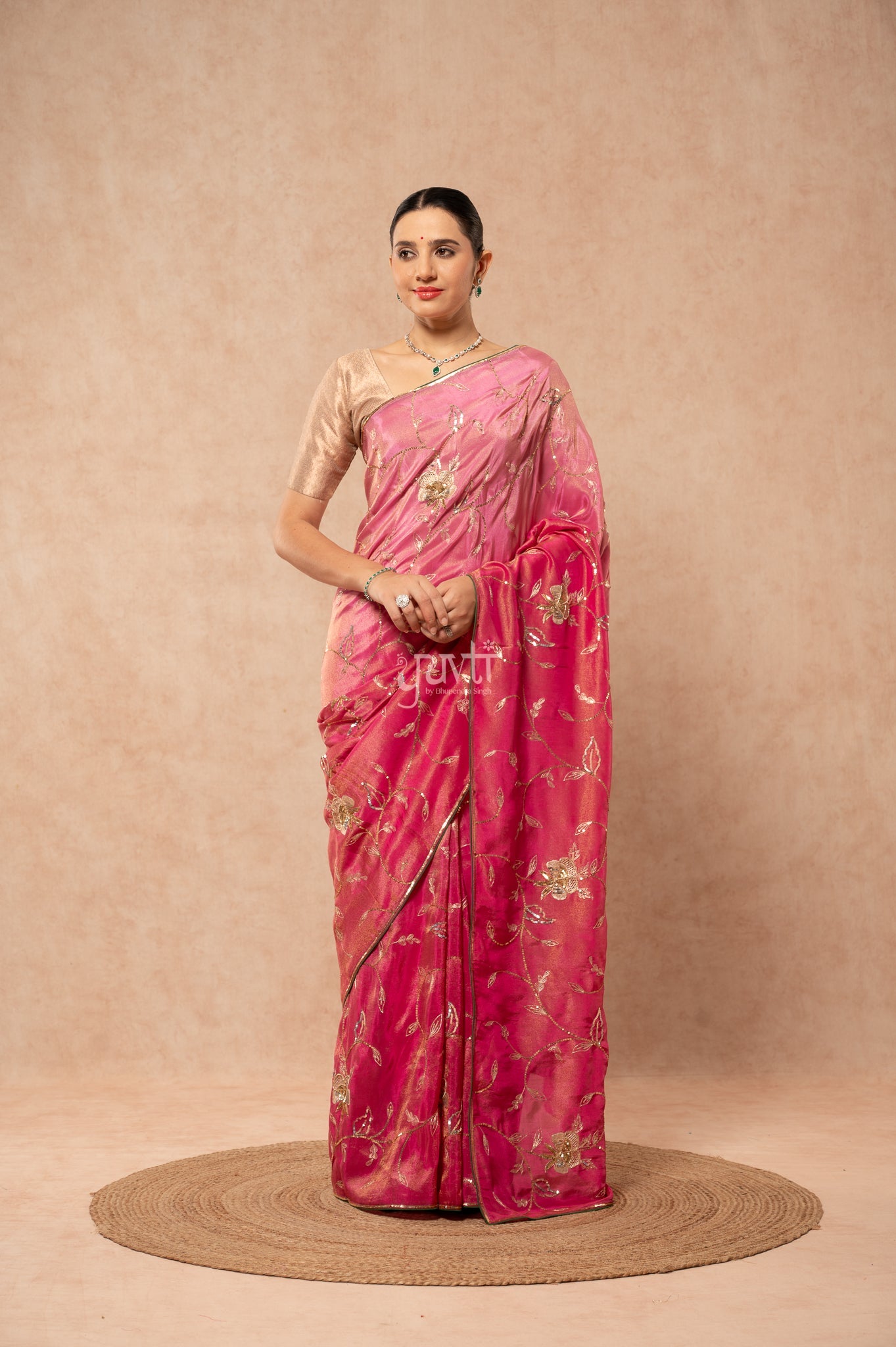 Rani Shaded Viscose Tissue Aari Sequins Jaal Handwork Party Saree